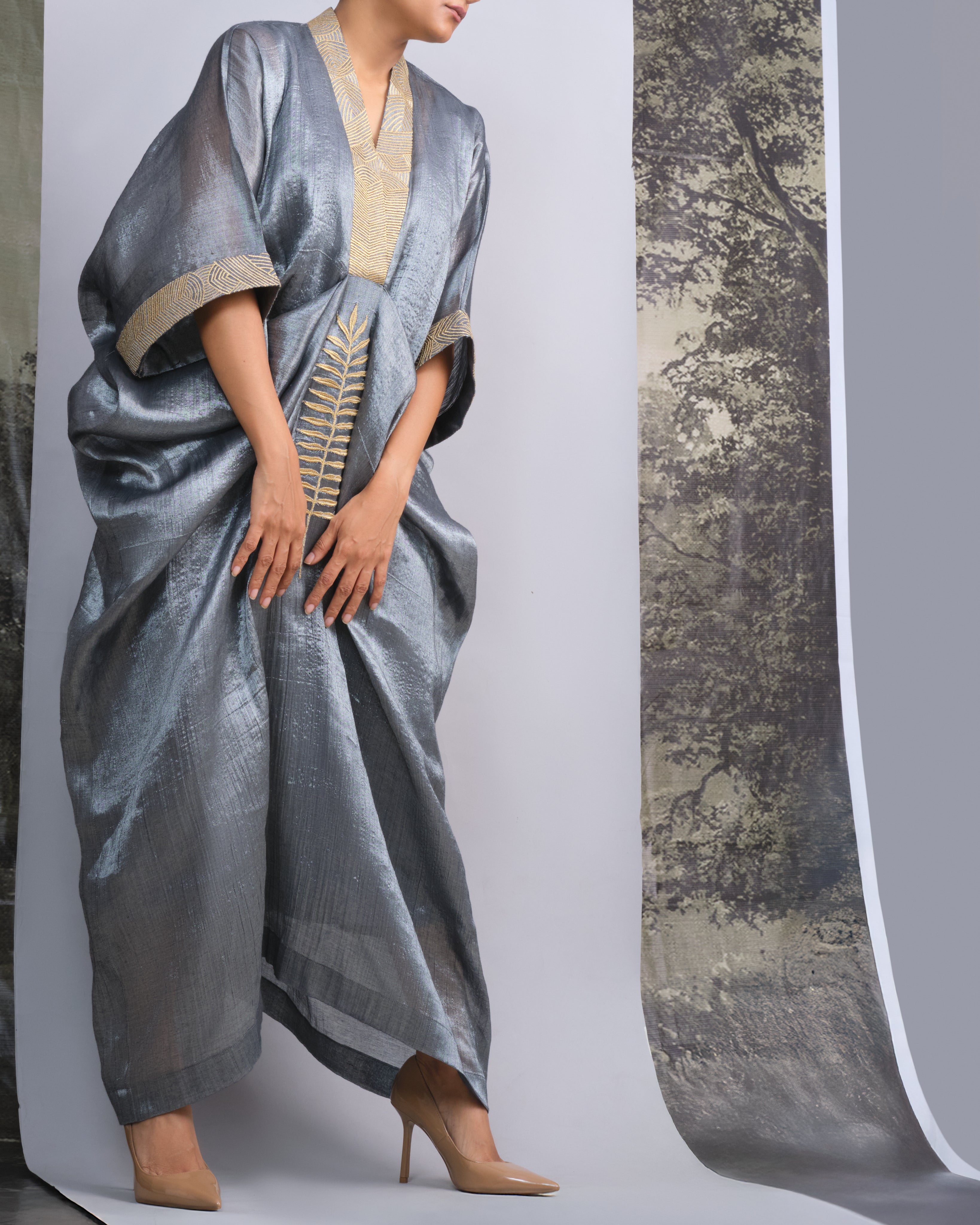 Silver Chanderi Kaftan with Gold Leaf Embroidery-BENNCH