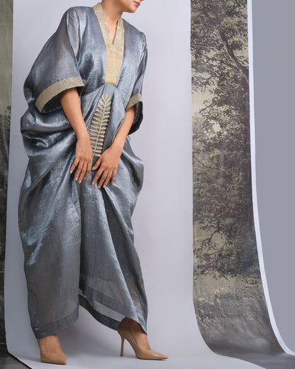 Silver Chanderi Kaftan with Gold Leaf Embroidery