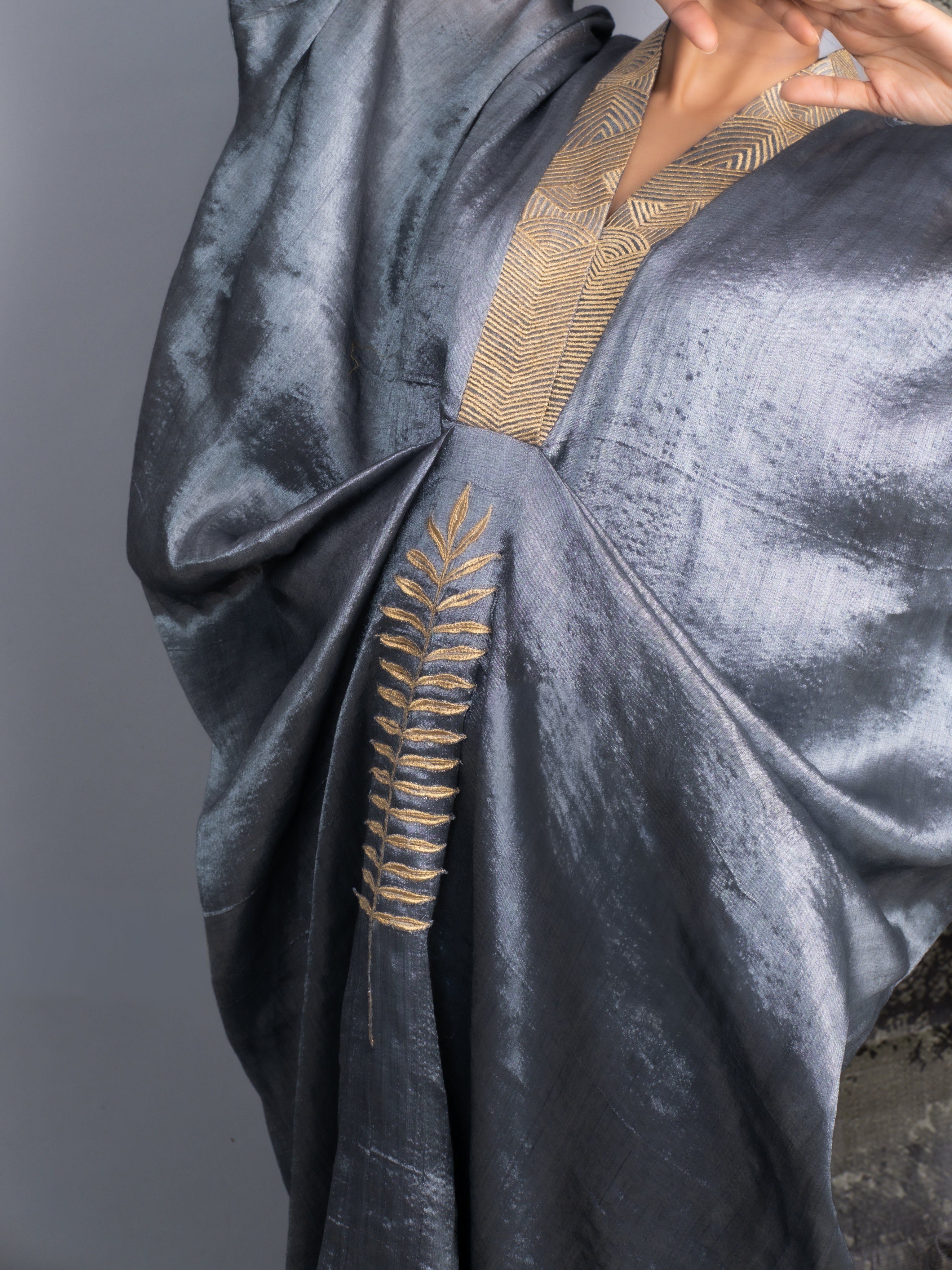 Silver Chanderi Kaftan with Gold Leaf Embroidery-BENNCH