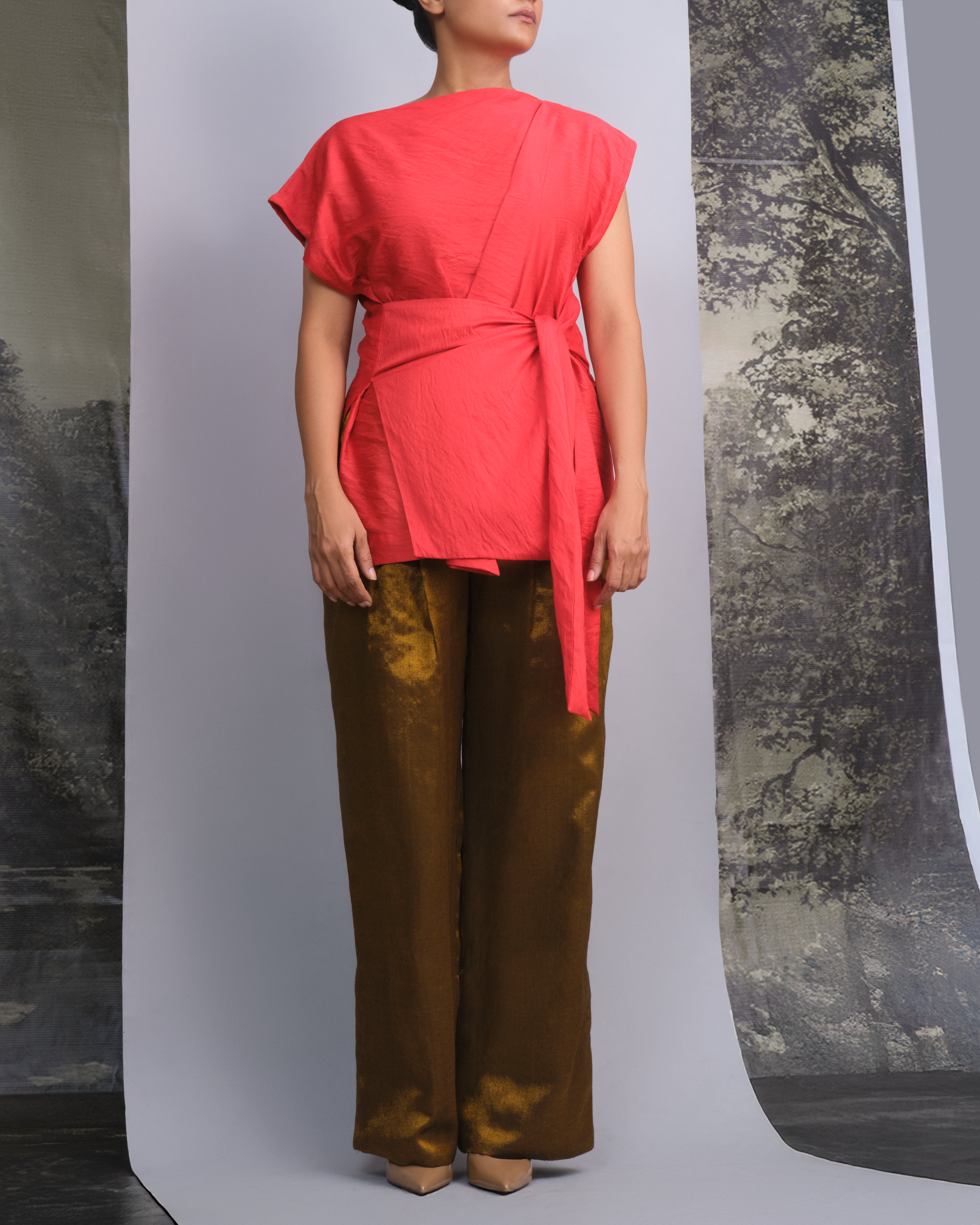 Red Chanderi Belted Top & Gold Handwoven Pants Set-BENNCH