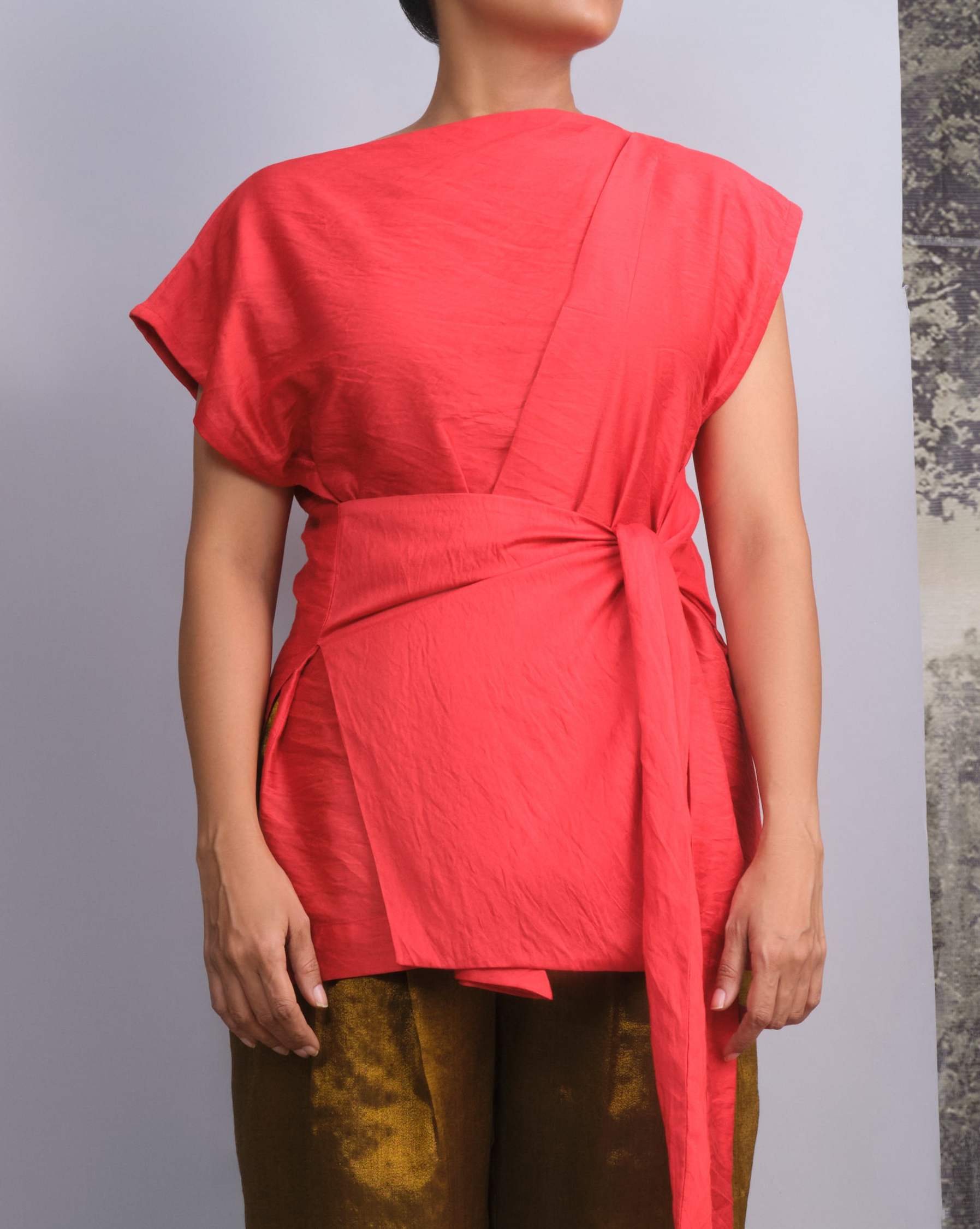 Red Chanderi Silk Patch Belted Top-BENNCH