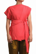 Red Chanderi Silk Patch Belted Top