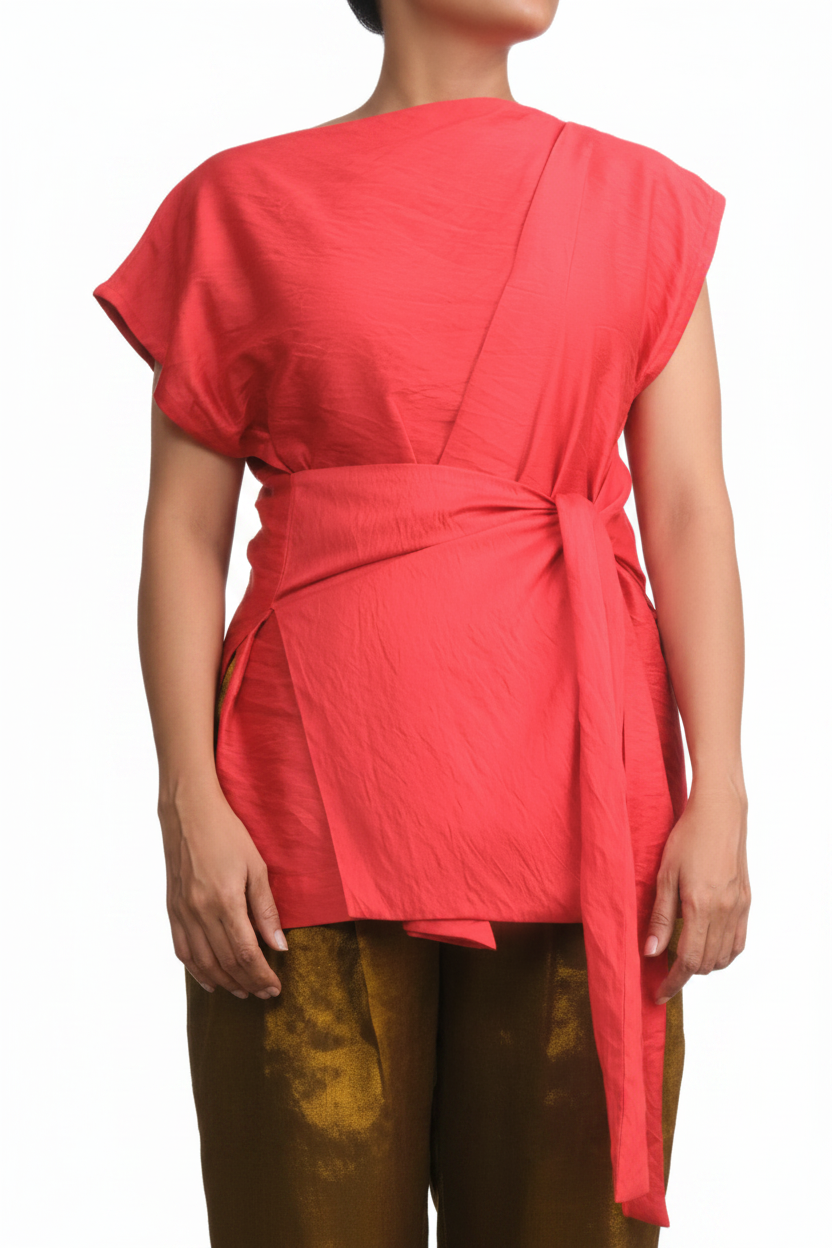 Red Chanderi Silk Patch Belted Top