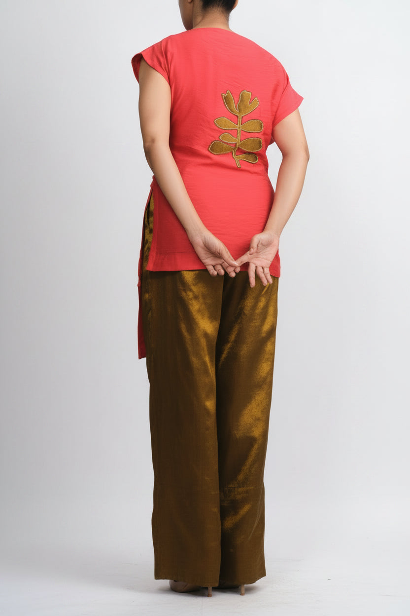 Red Chanderi Belted Top & Gold Handwoven Pants Set-BENNCH