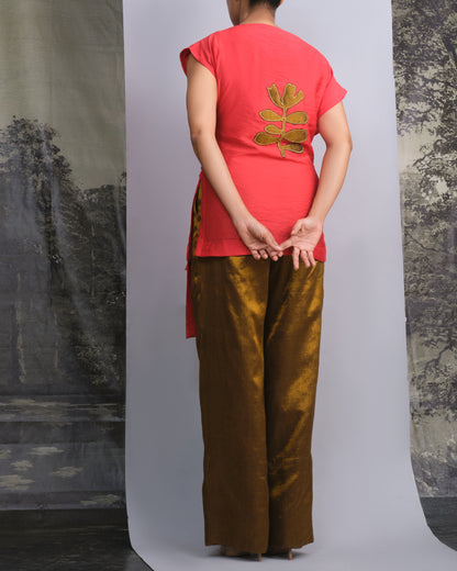 Red Chanderi Belted Top & Gold Handwoven Pants Set