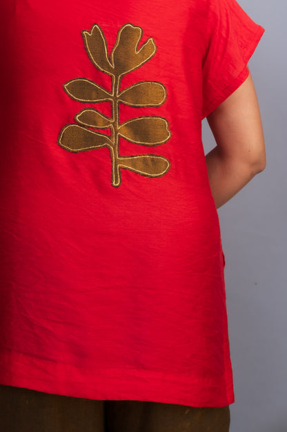 Red Chanderi Belted Top & Gold Handwoven Pants Set