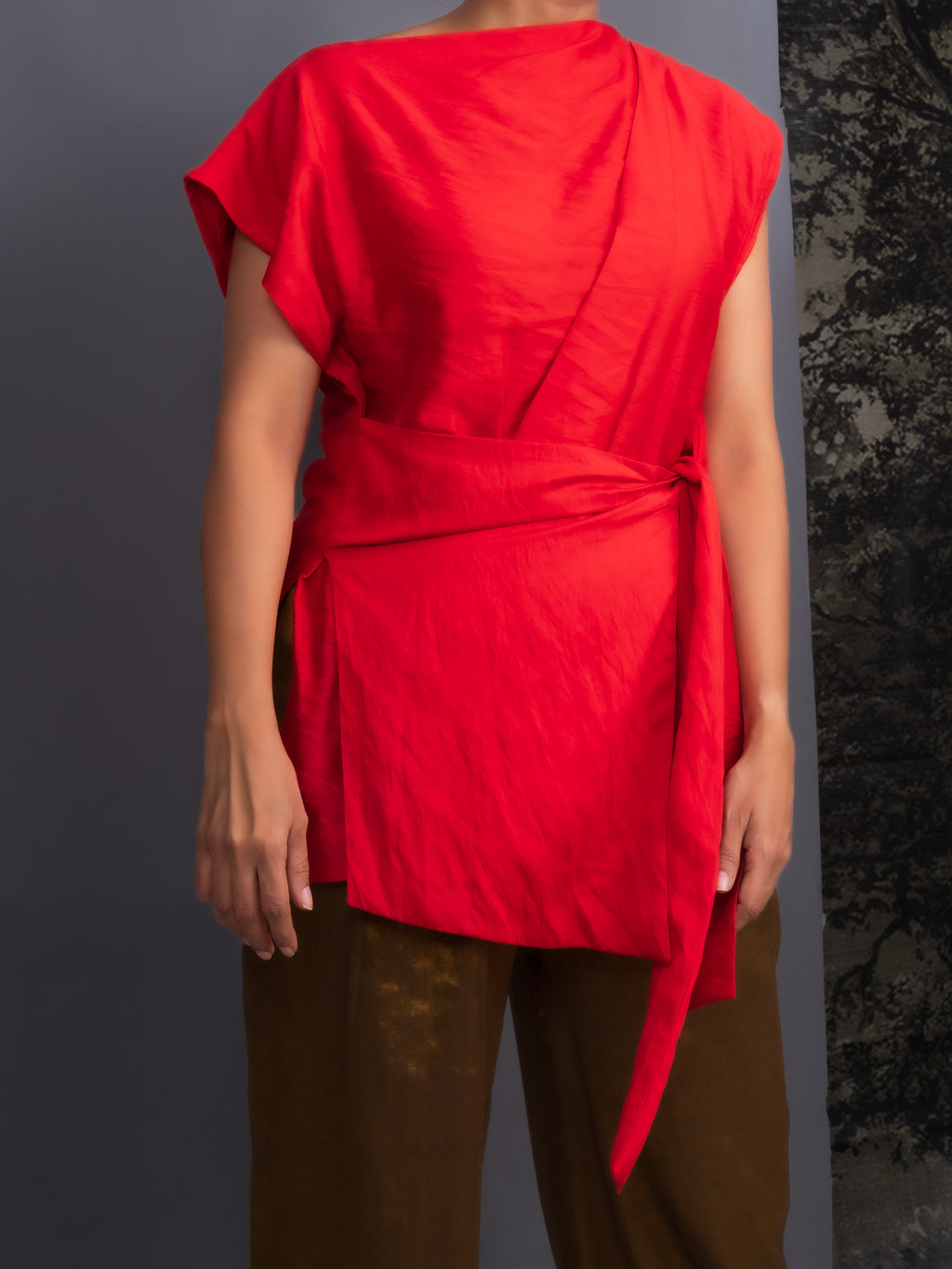 Red Chanderi Belted Top & Gold Handwoven Pants Set-BENNCH