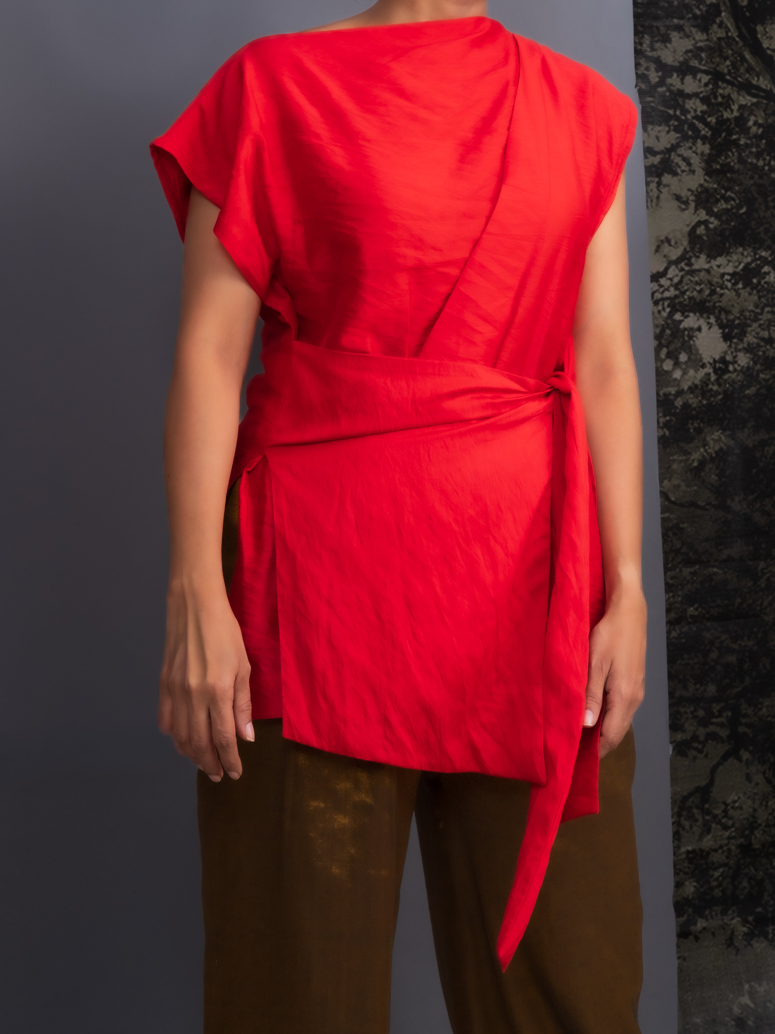 Red Chanderi Belted Top & Gold Handwoven Pants Set-BENNCH