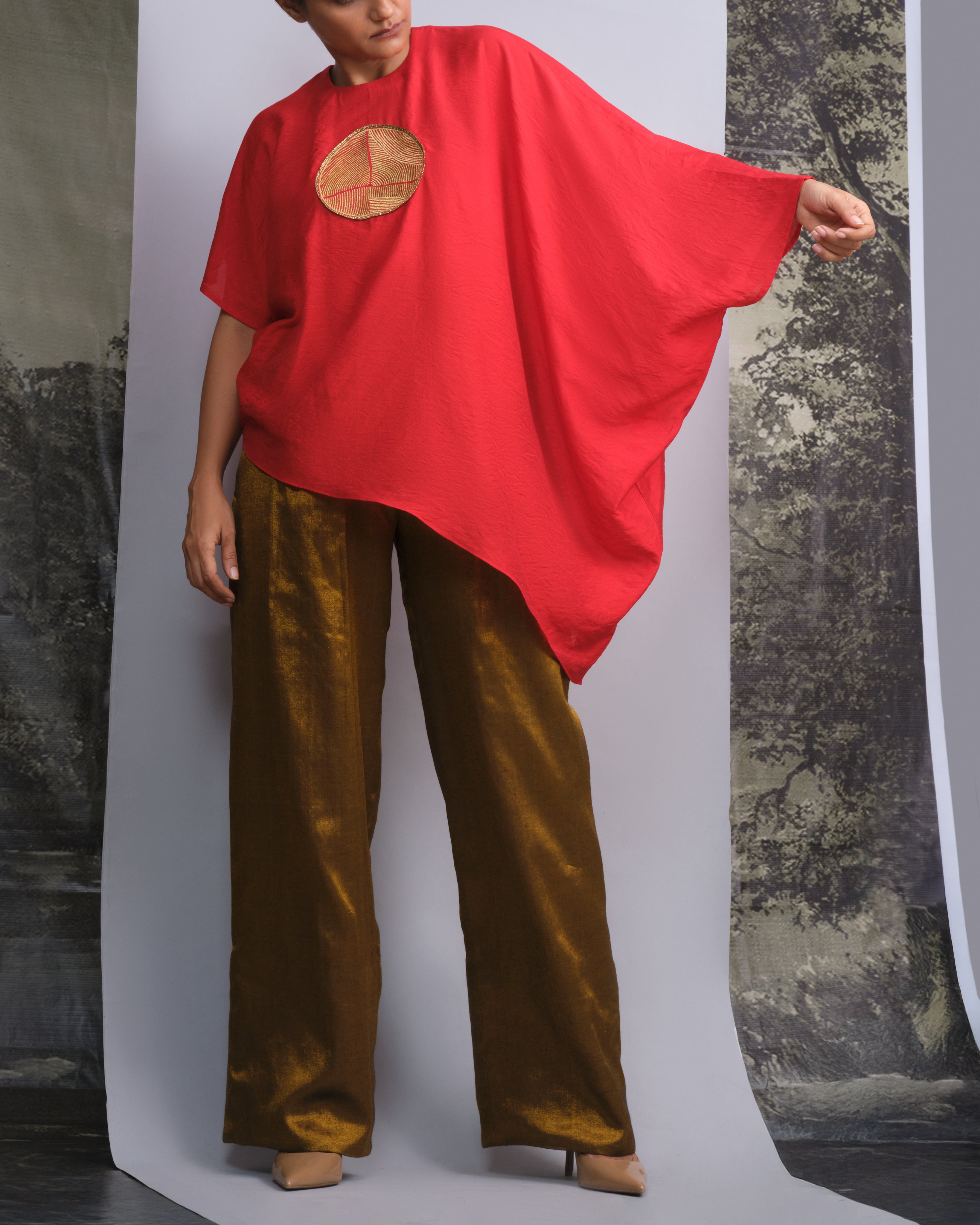 Vermilion Red Chanderi Silk Drape Top-BENNCH