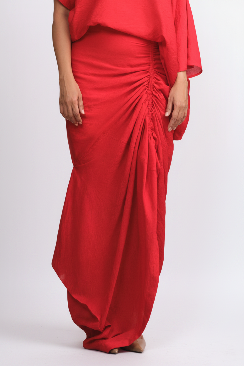 Vermilion Red Chanderi Draped Skirt