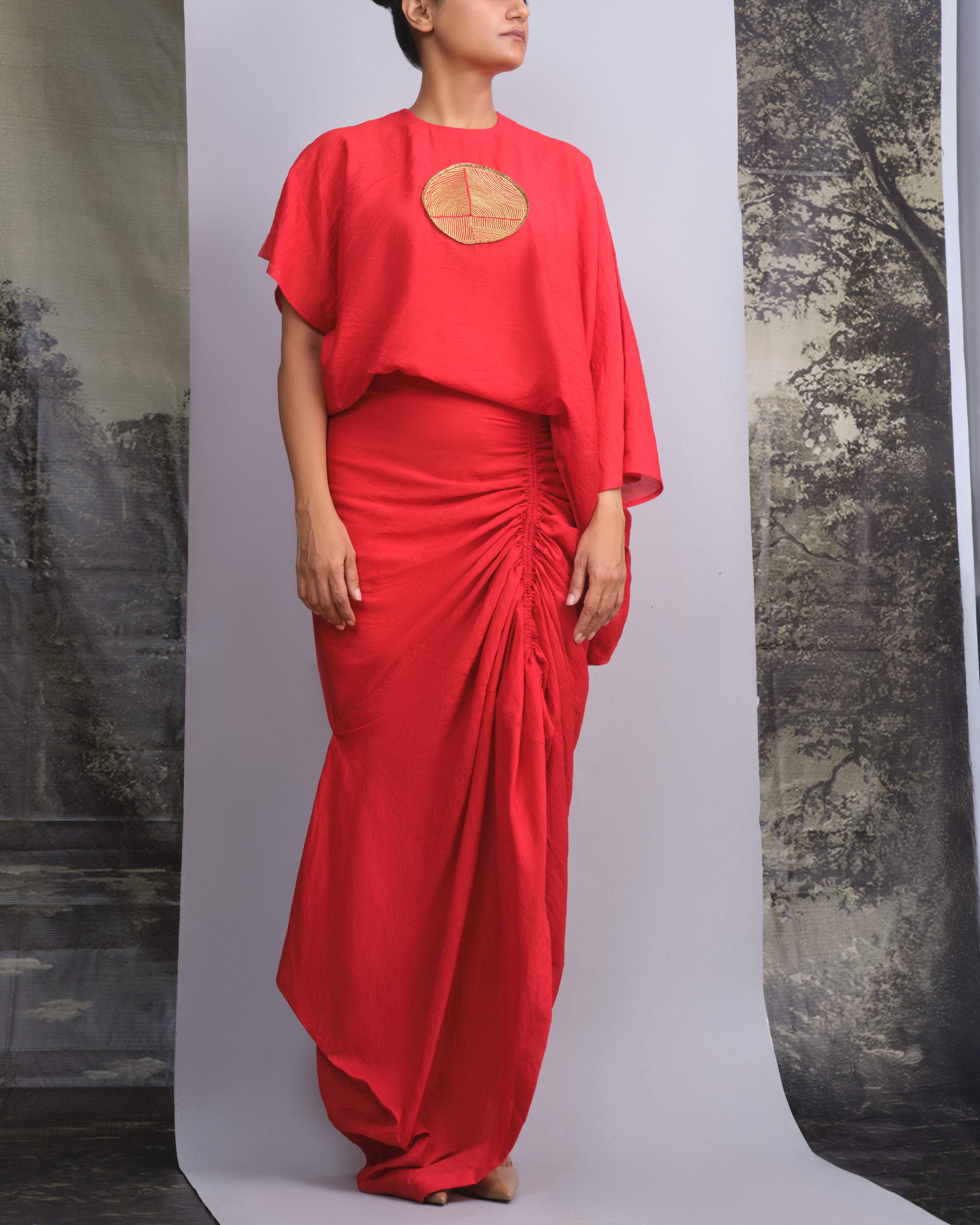 Vermilion Red Chanderi Drape Co-ord Set-BENNCH