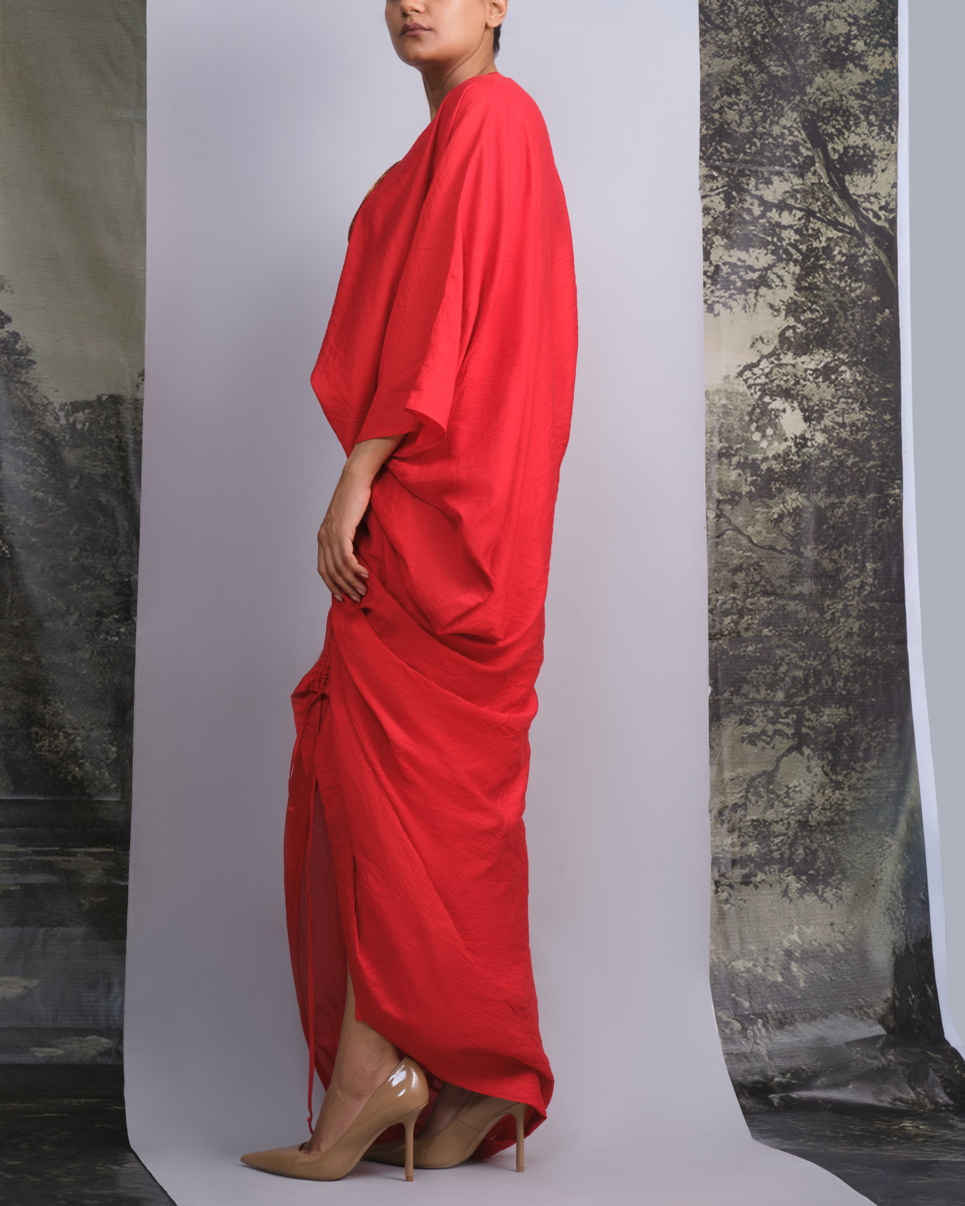 Vermilion Red Chanderi Draped Skirt-BENNCH