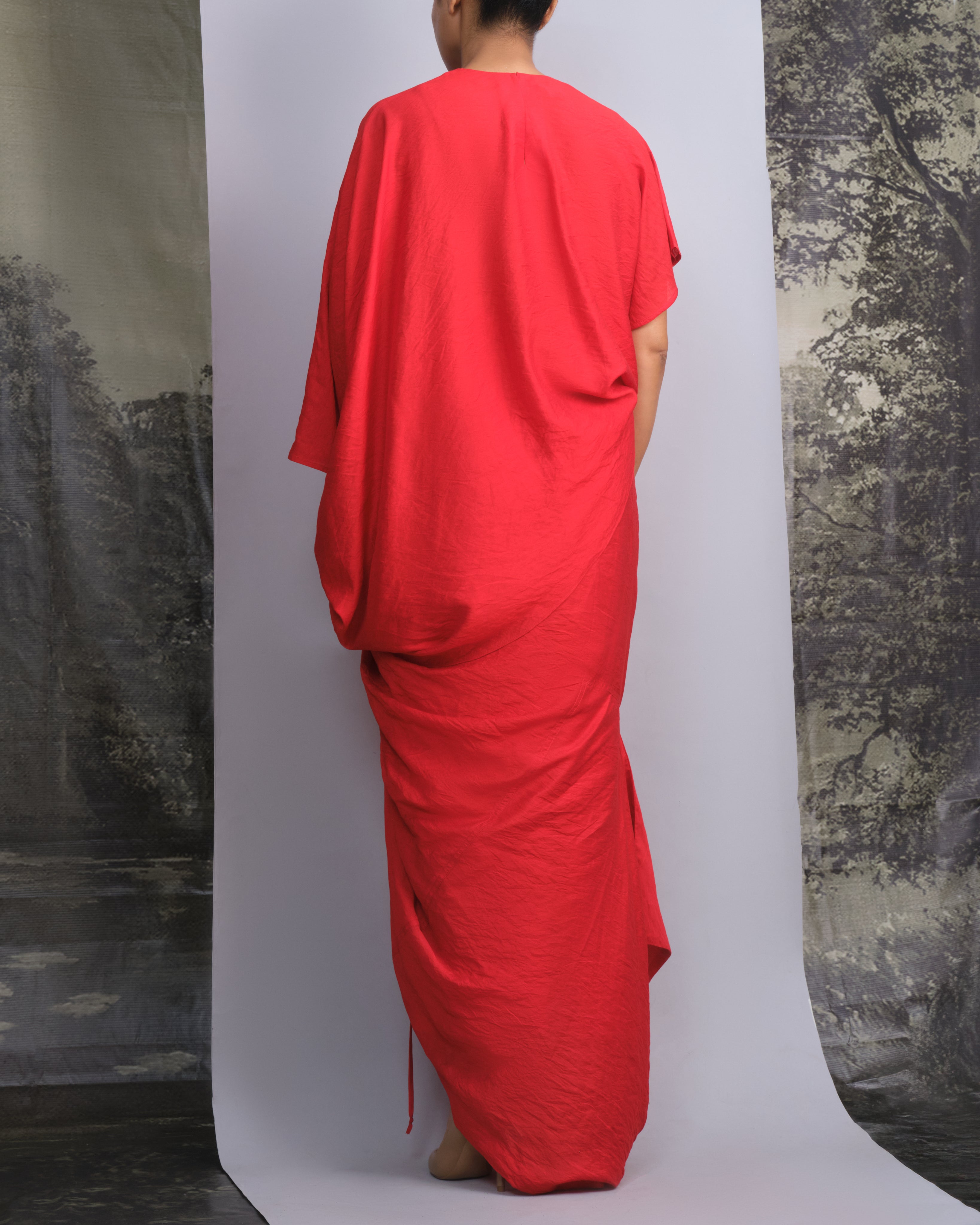 Vermilion Red Chanderi Drape Co-ord Set-BENNCH