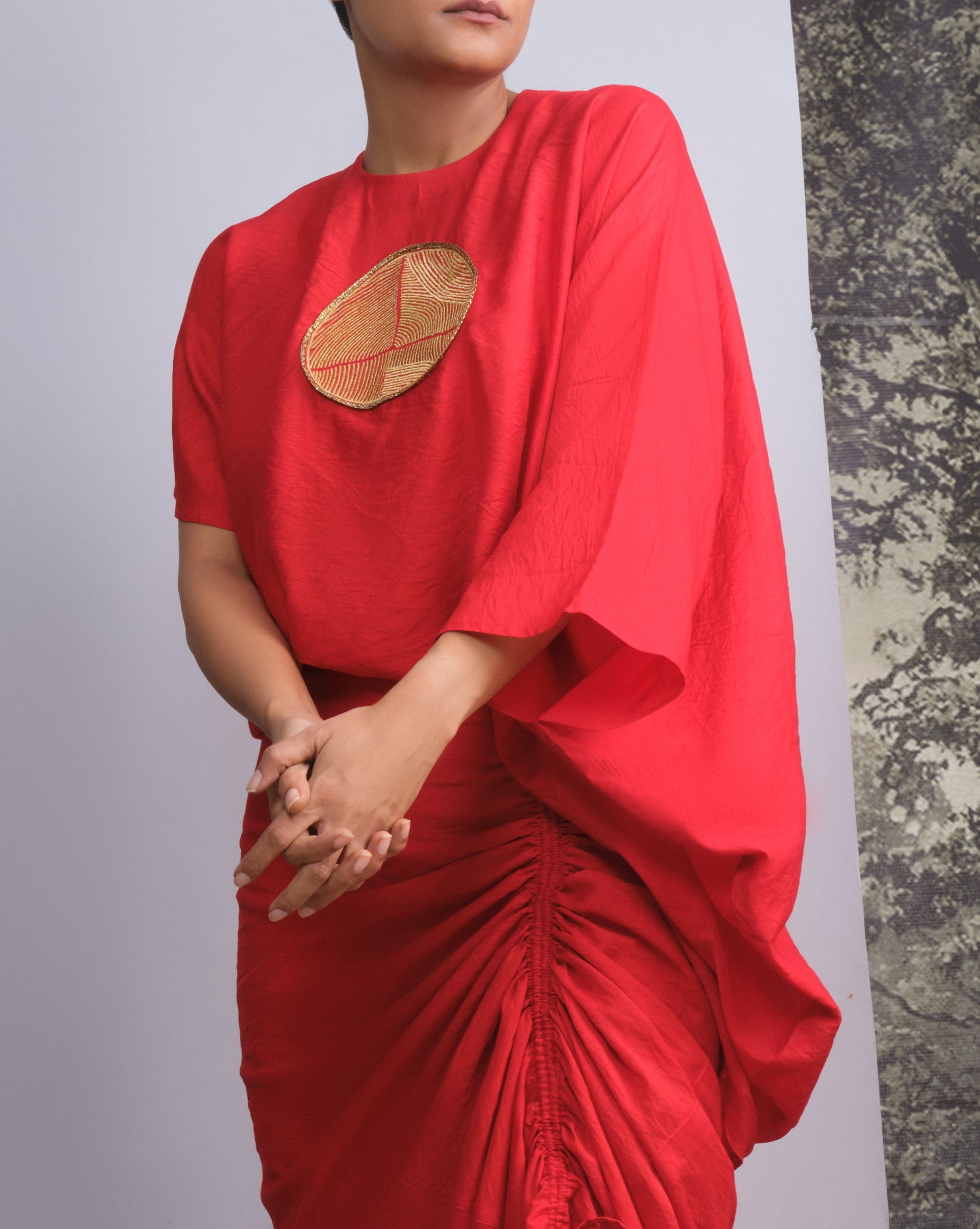 Vermilion Red Chanderi Silk Drape Top-BENNCH