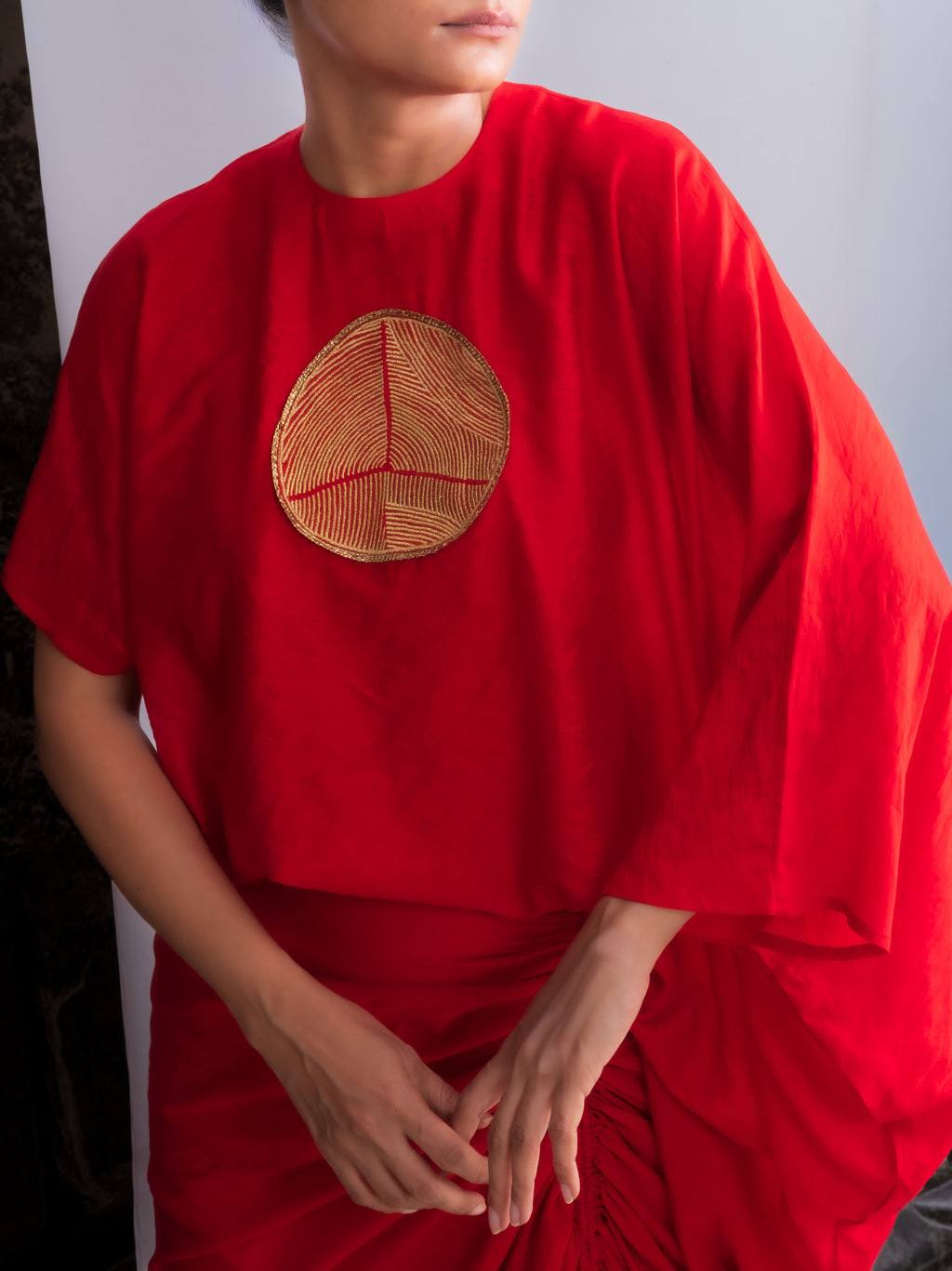 Vermilion Red Chanderi Silk Drape Top-BENNCH
