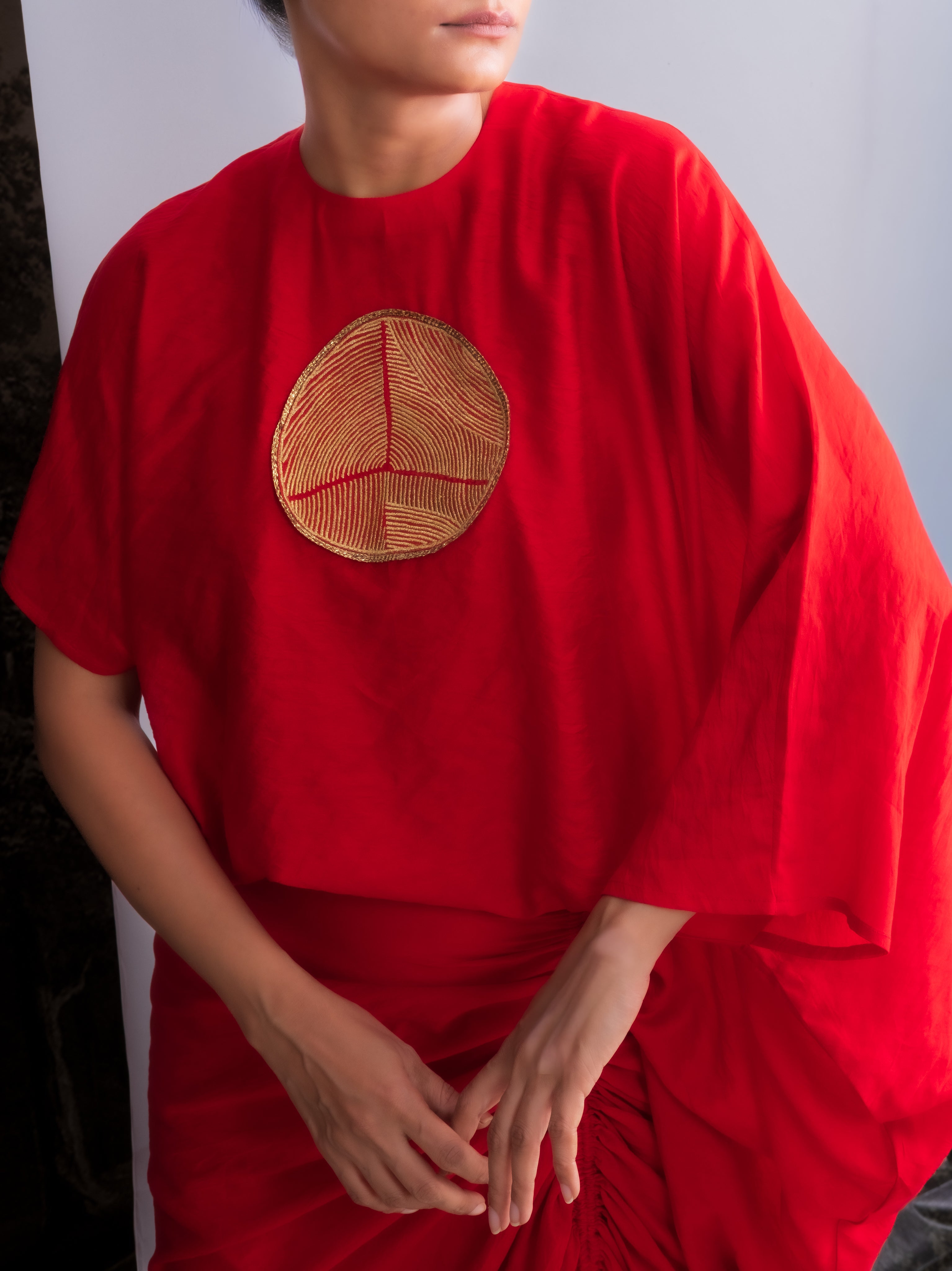 Vermilion Red Chanderi Silk Drape Top-BENNCH