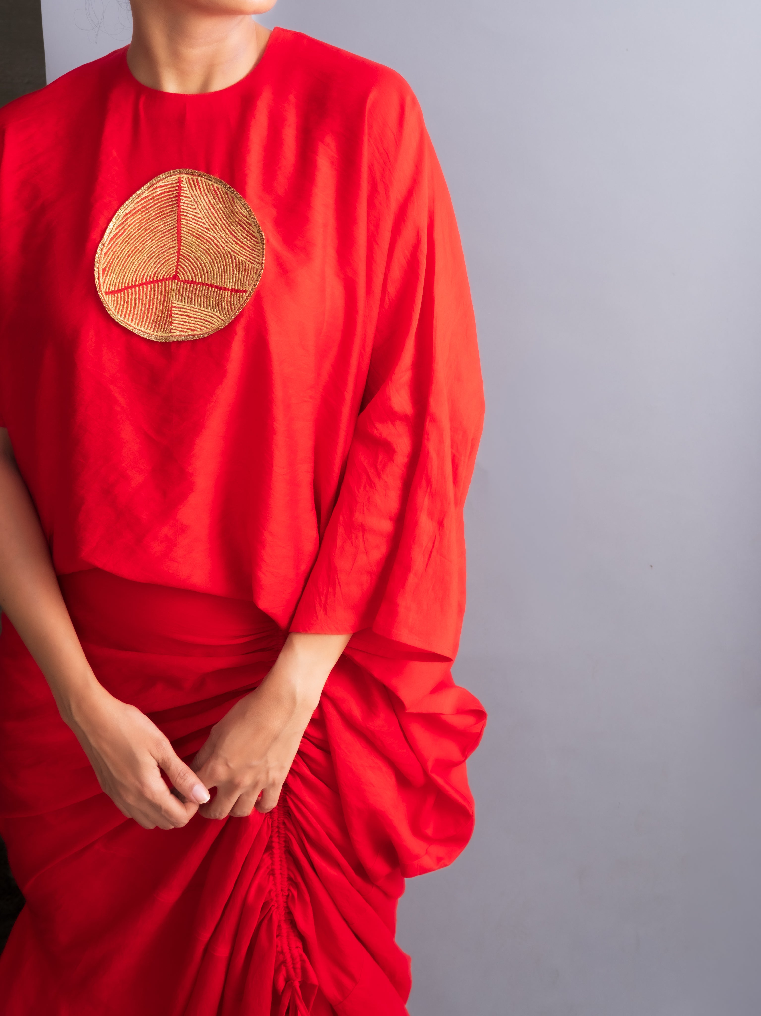 Vermilion Red Chanderi Silk Drape Top-BENNCH