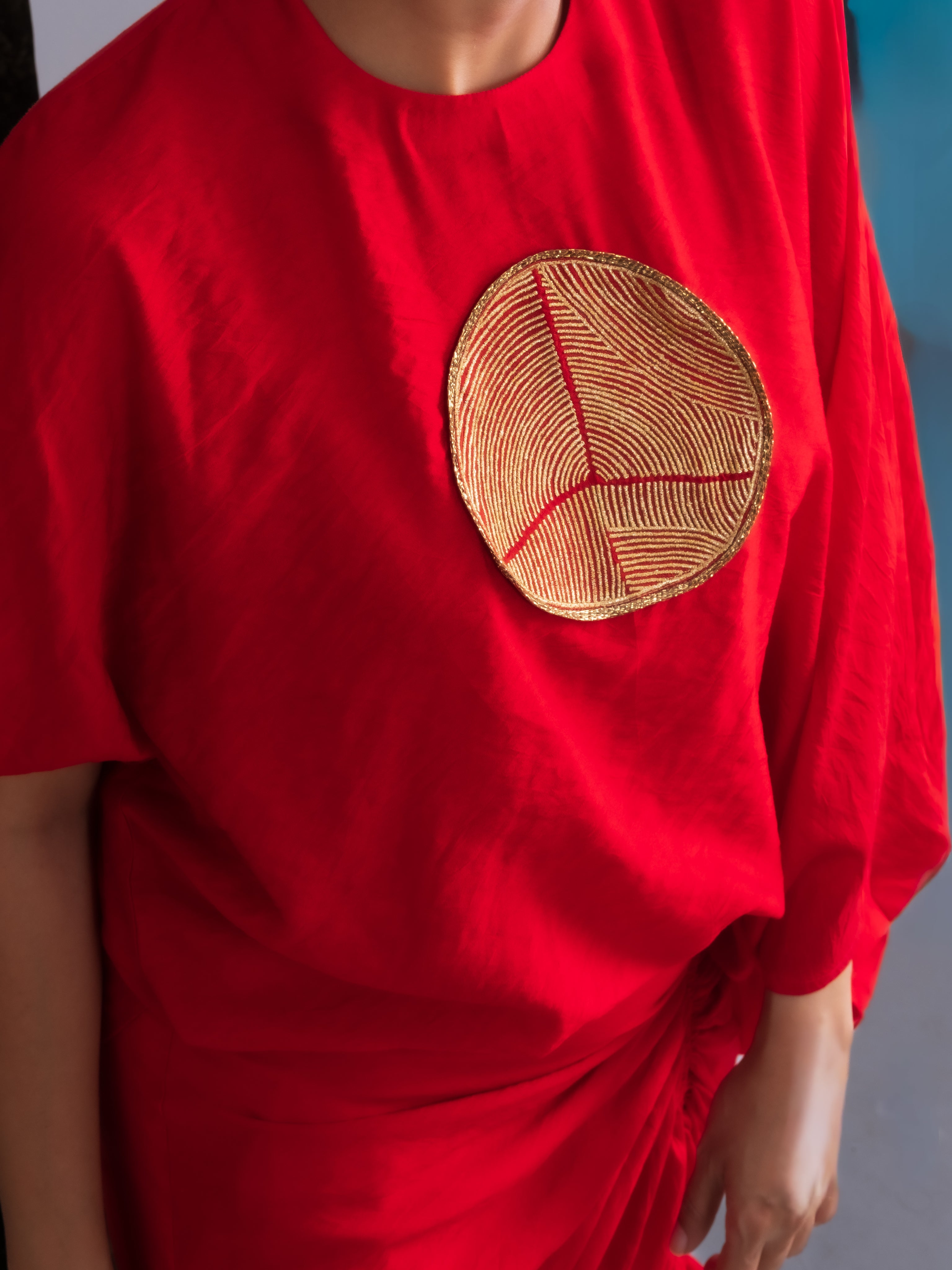 Vermilion Red Chanderi Silk Drape Top-BENNCH