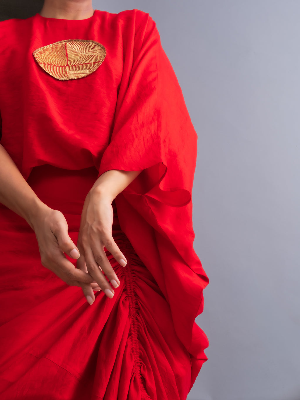 Vermilion Red Chanderi Silk Drape Top-BENNCH