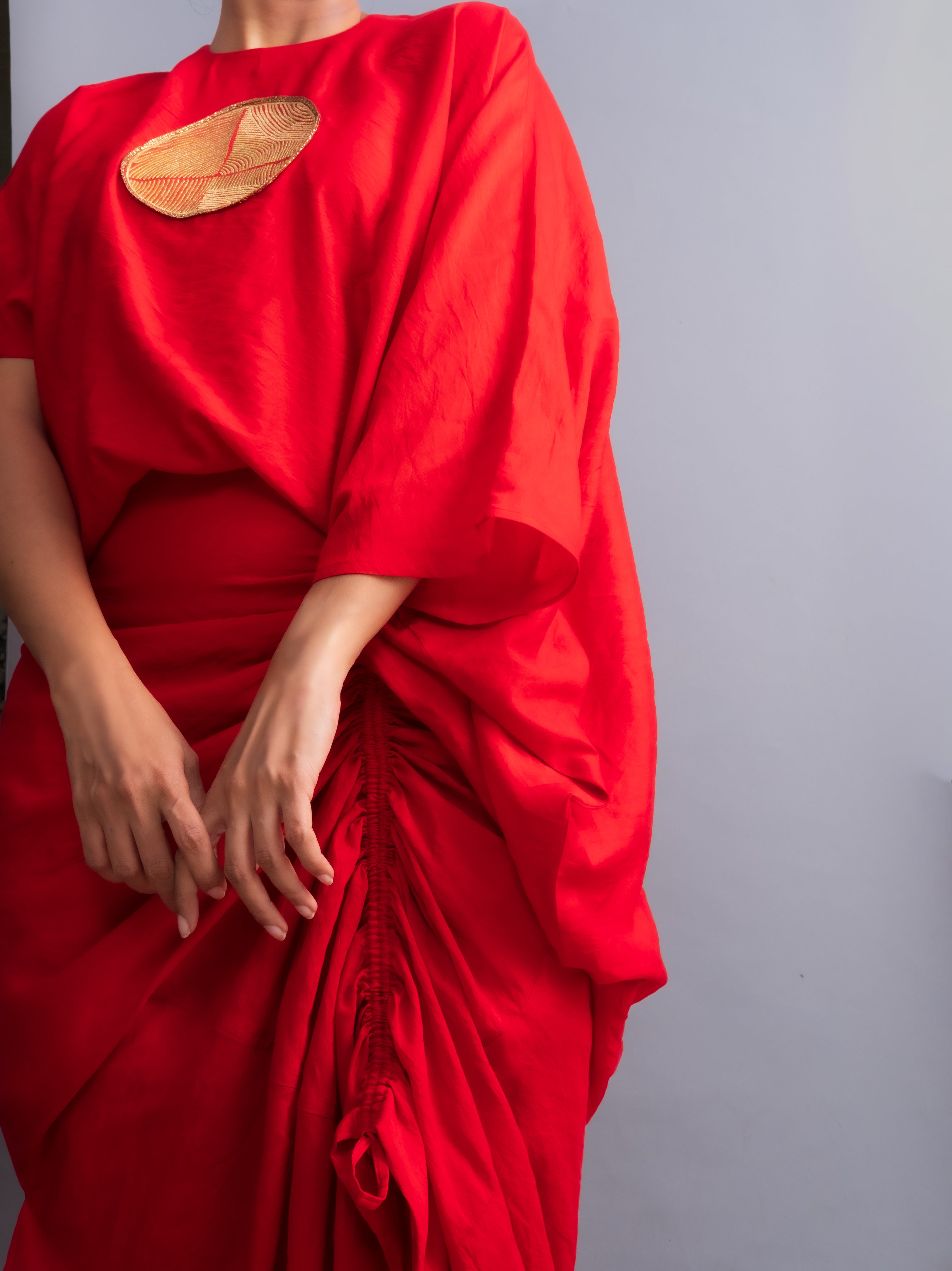 Vermilion Red Chanderi Drape Co-ord Set-BENNCH