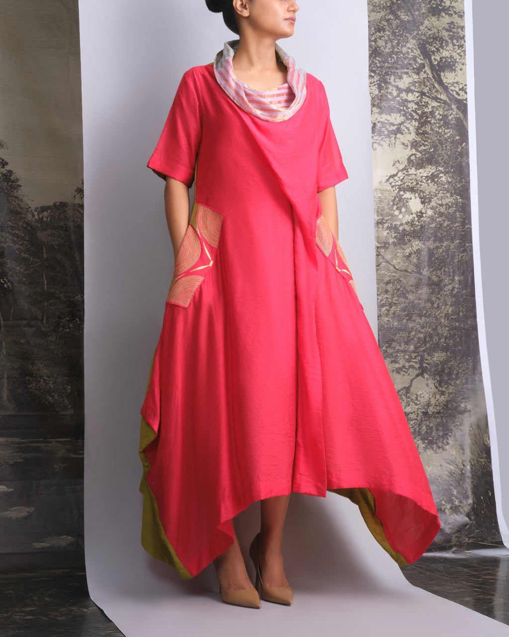 Vermilion & Chartreuse Chanderi Cowl Top-BENNCH