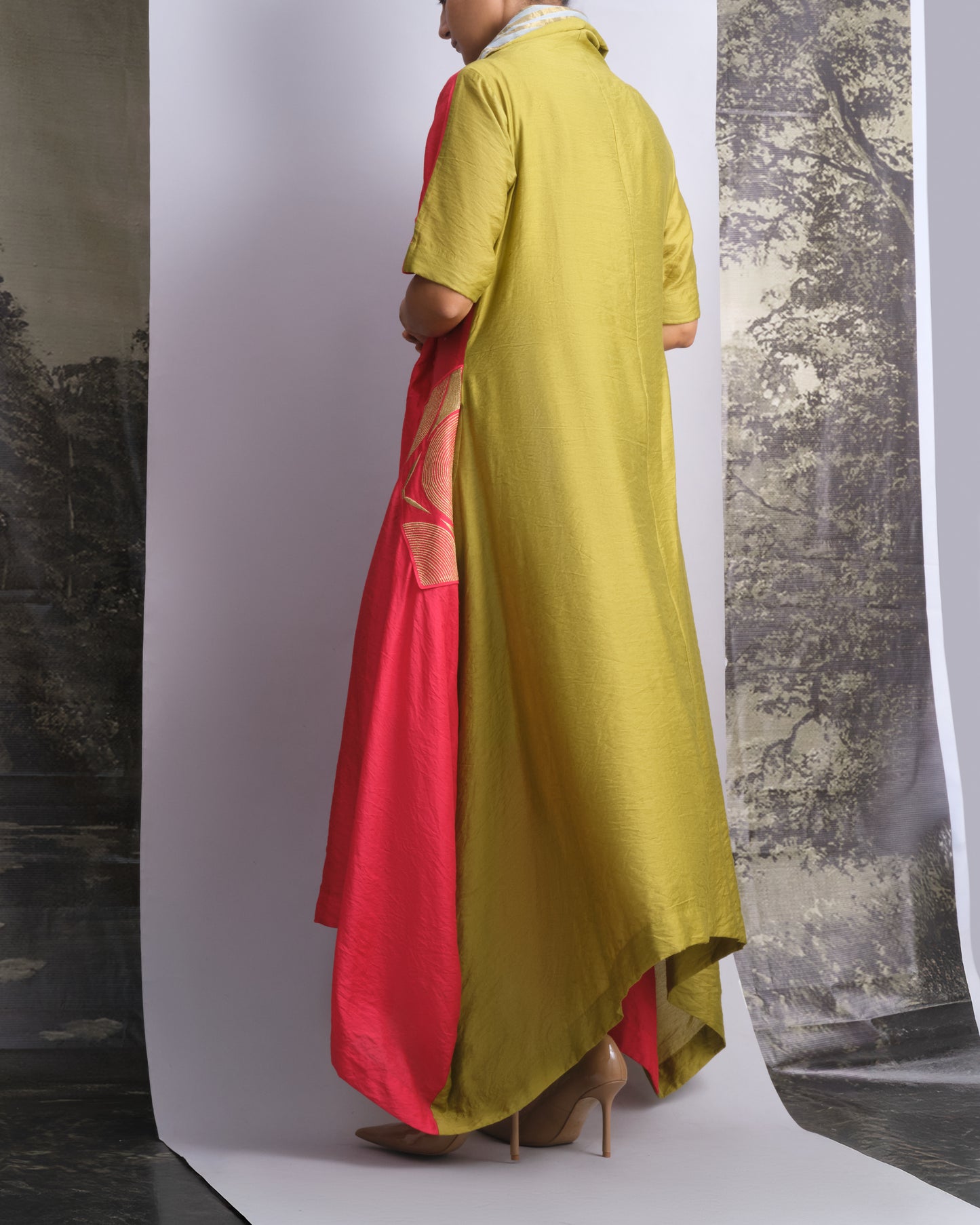 Vermilion & Chartreuse Chanderi Cowl Top