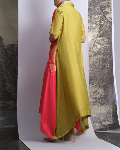 Vermilion & Chartreuse Chanderi Cowl Top