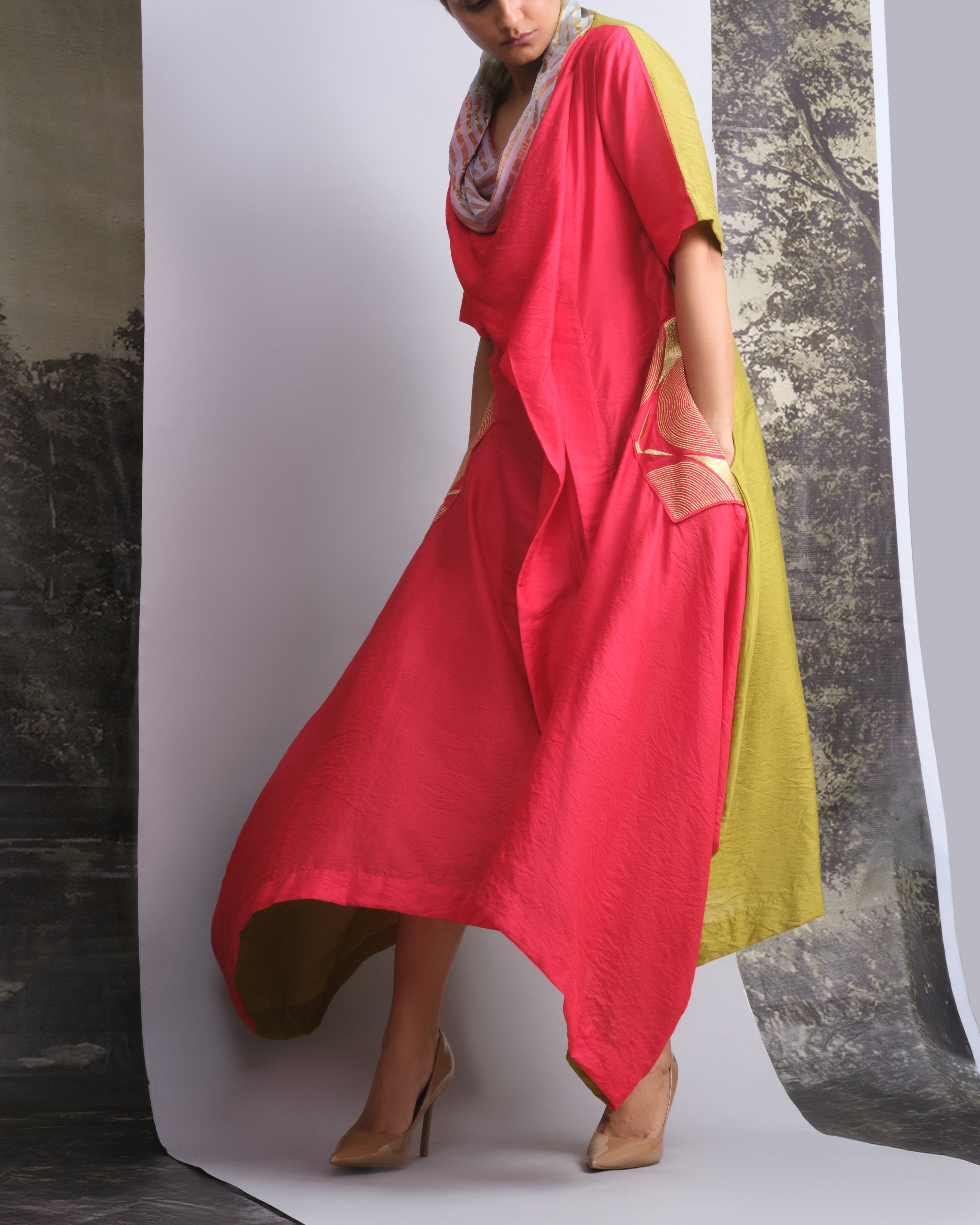 Vermilion & Chartreuse Chanderi Cowl Top-BENNCH