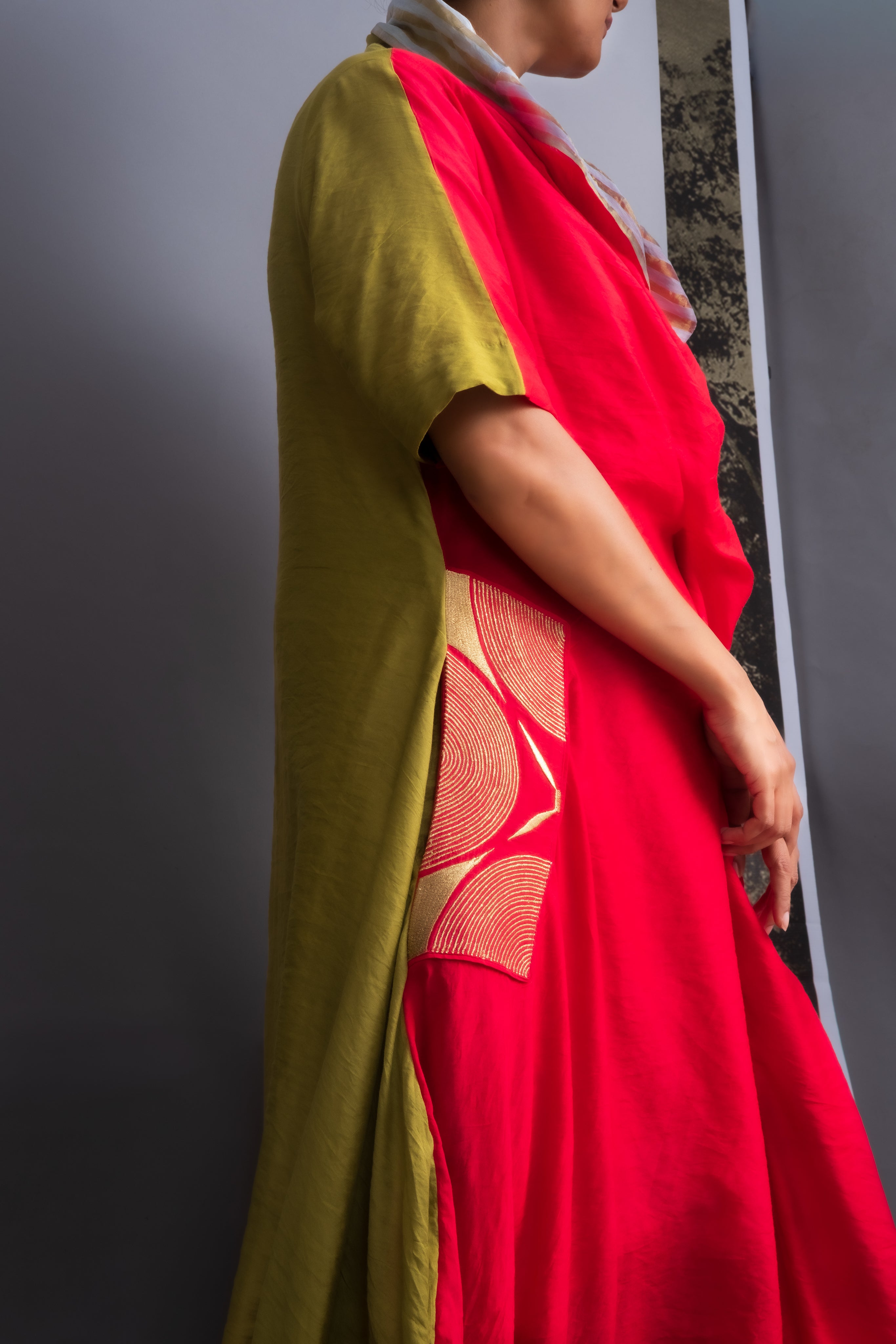 Vermilion & Chartreuse Chanderi Cowl Top-BENNCH