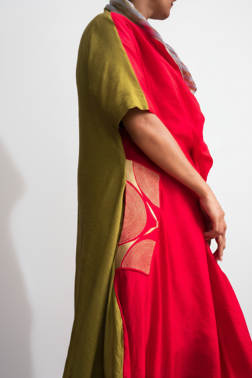 Vermilion & Chartreuse Chanderi Cowl Top