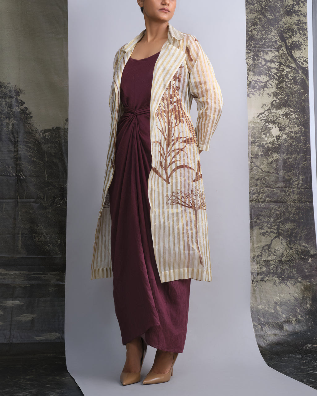 Wine Chanderi Dress & White Gold Botanical Trench Set-BENNCH