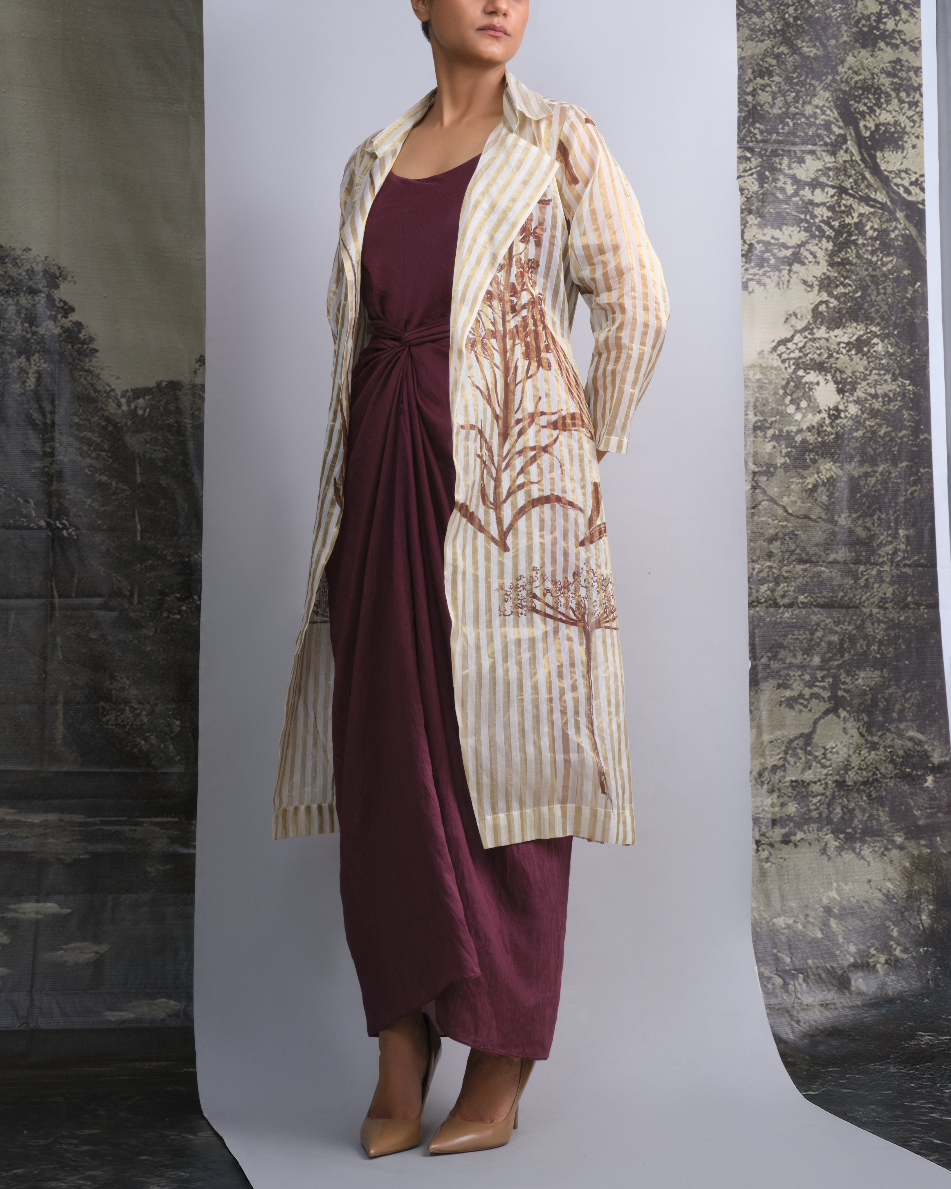 Wine Chanderi Dress & White Gold Botanical Trench Set-BENNCH