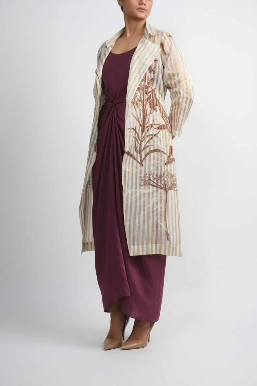 Wine Chanderi Dress & White Gold Botanical Trench Set
