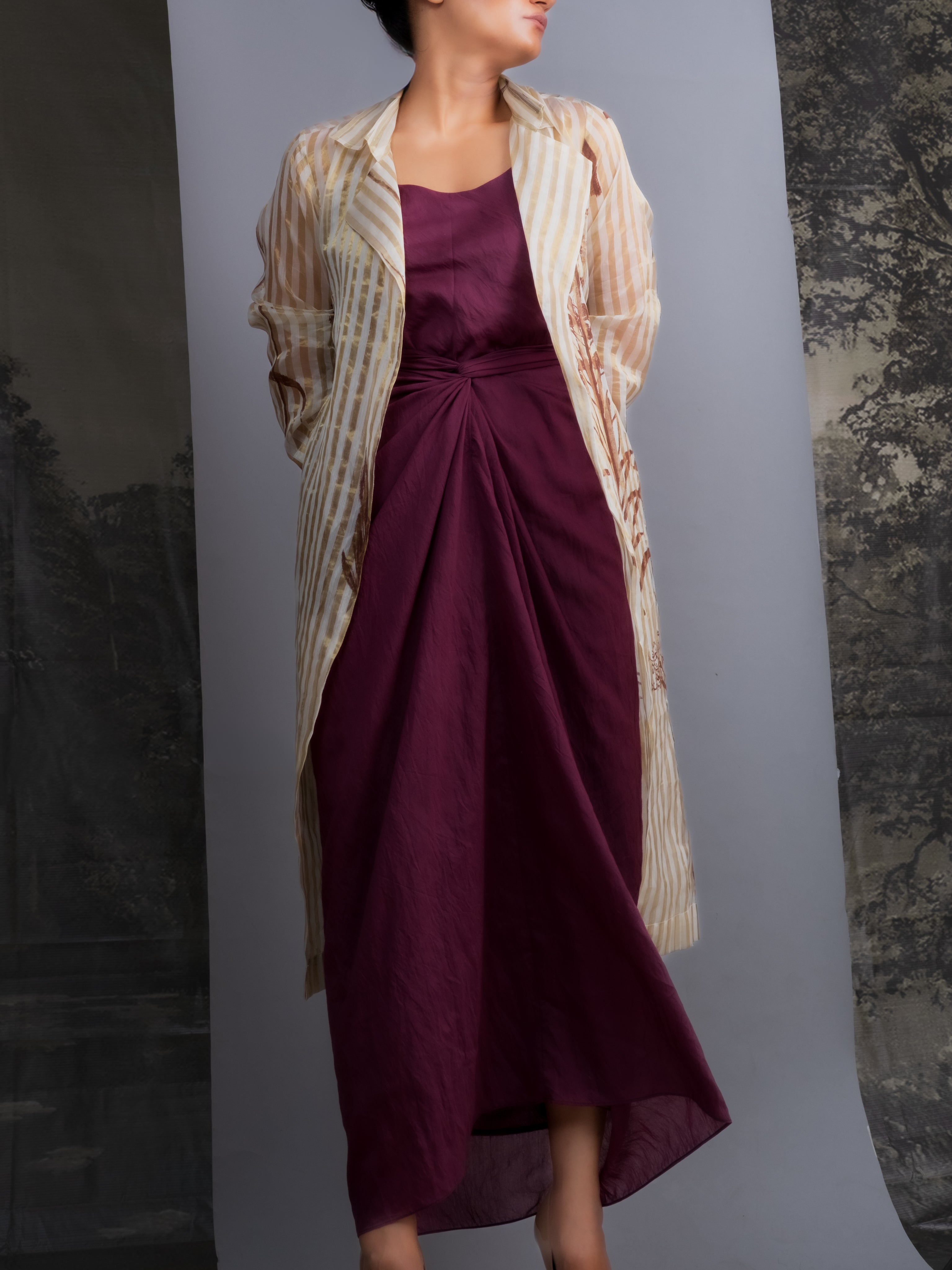 Wine Chanderi Dress & White Gold Botanical Trench Set-BENNCH
