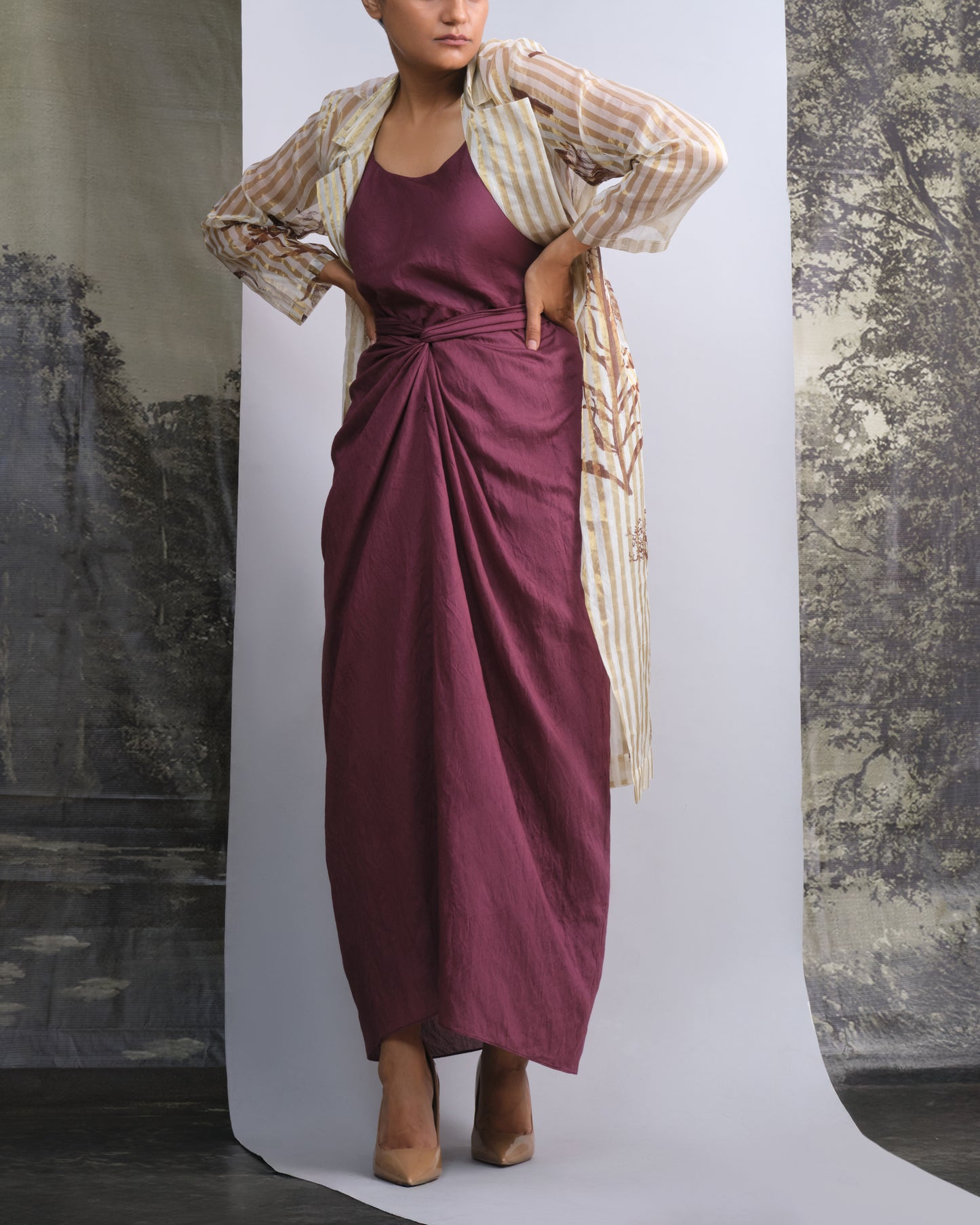 Wine Chanderi Tie Dress
