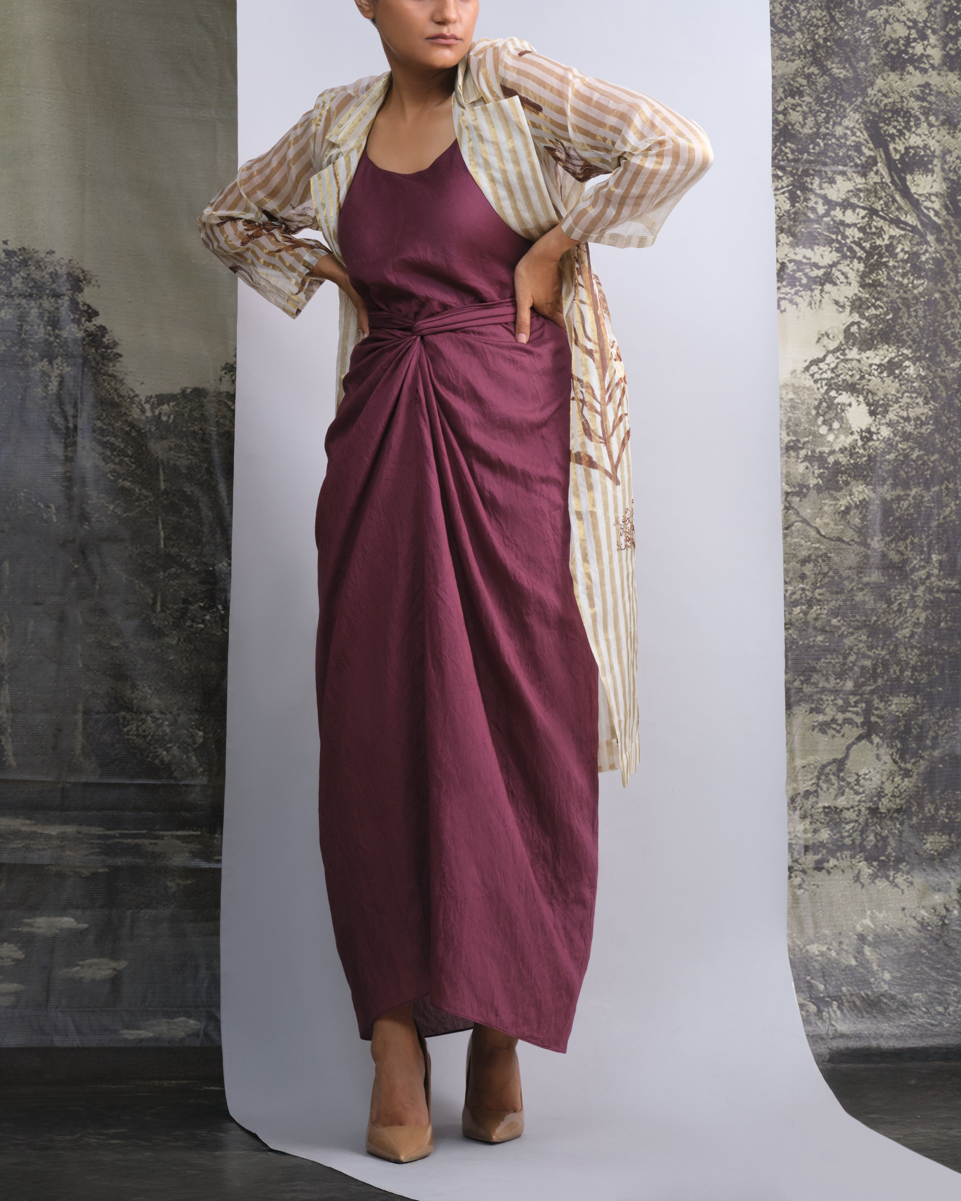 Wine Chanderi Dress & White Gold Botanical Trench Set-BENNCH