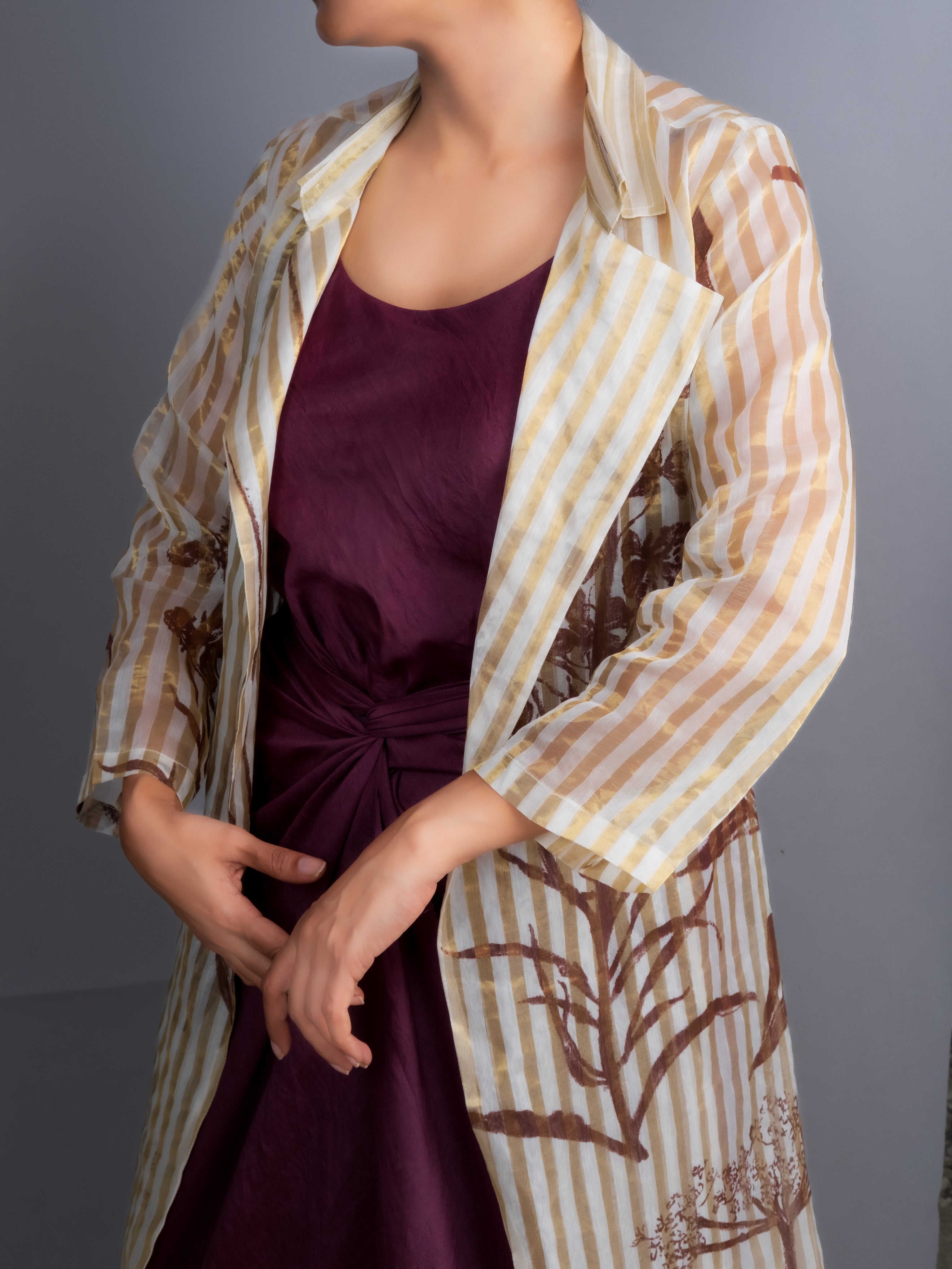 Wine Chanderi Dress & White Gold Botanical Trench Set-BENNCH
