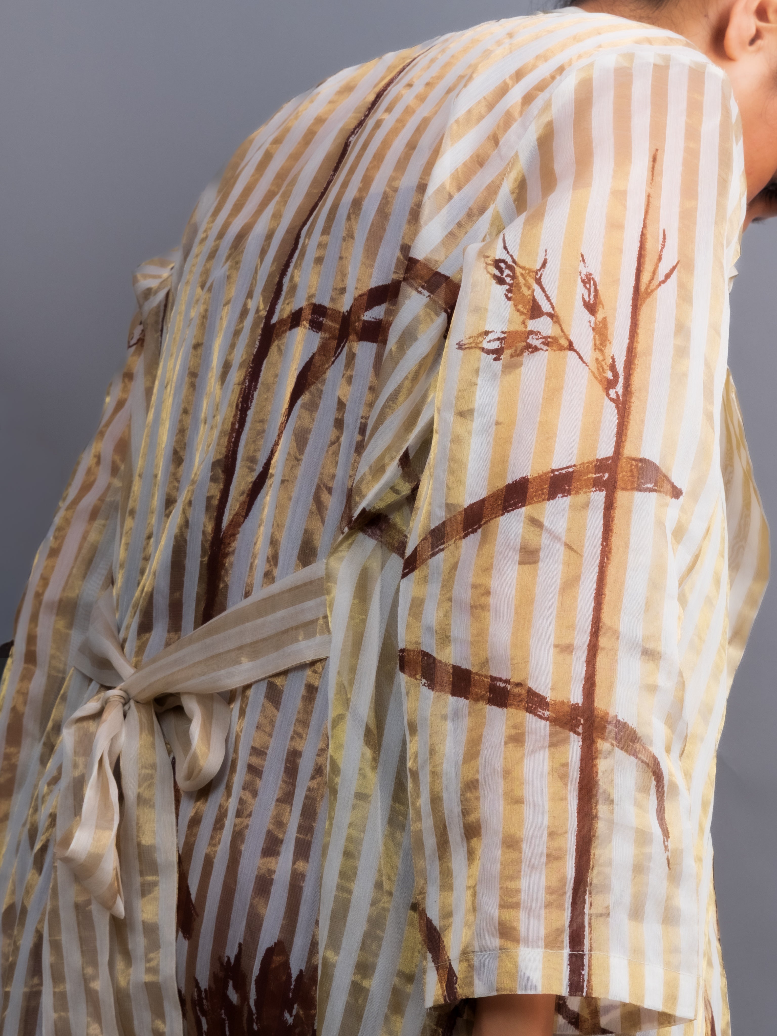 Wine Chanderi Dress & White Gold Botanical Trench Set-BENNCH