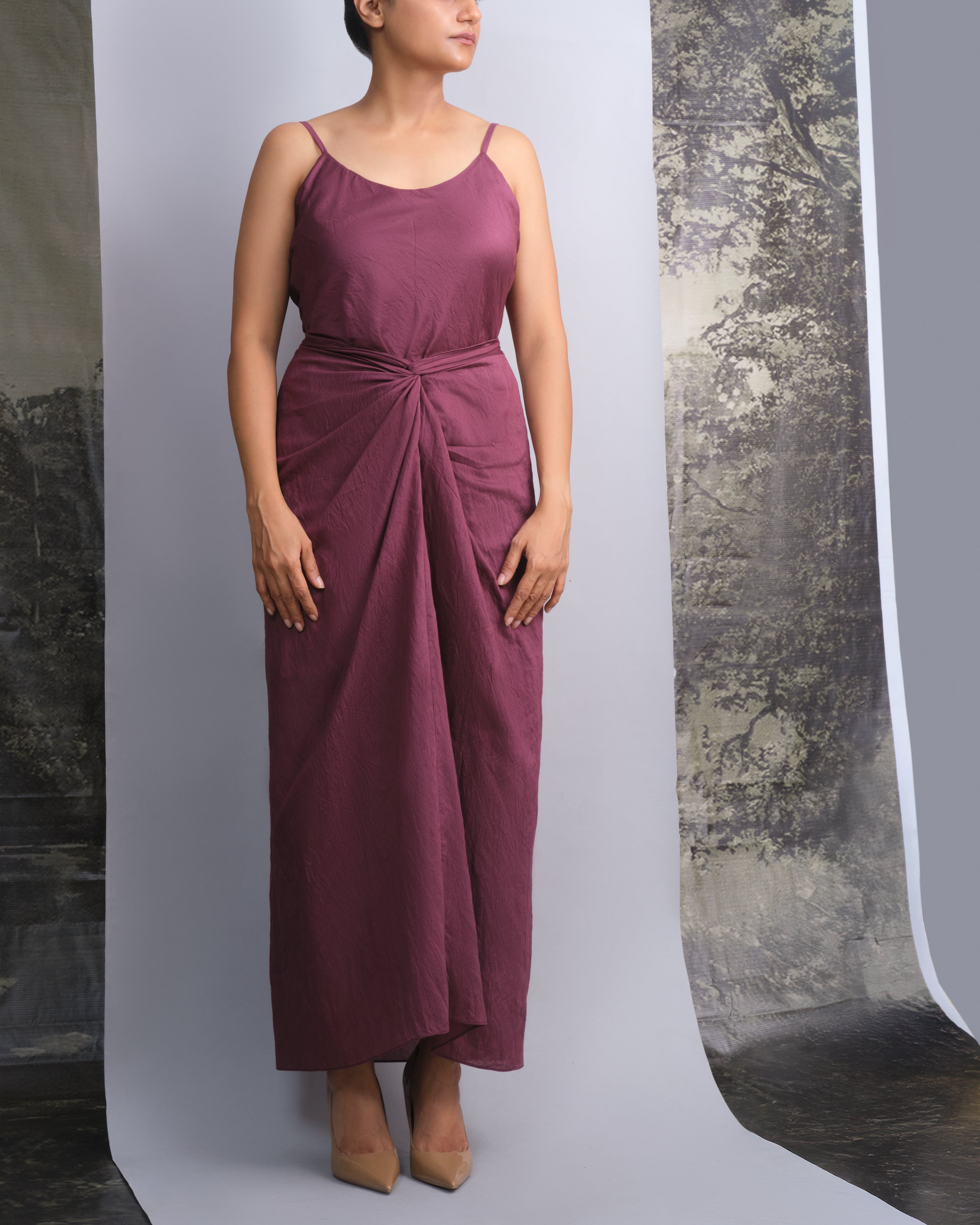 Wine Chanderi Dress & White Gold Botanical Trench Set-BENNCH