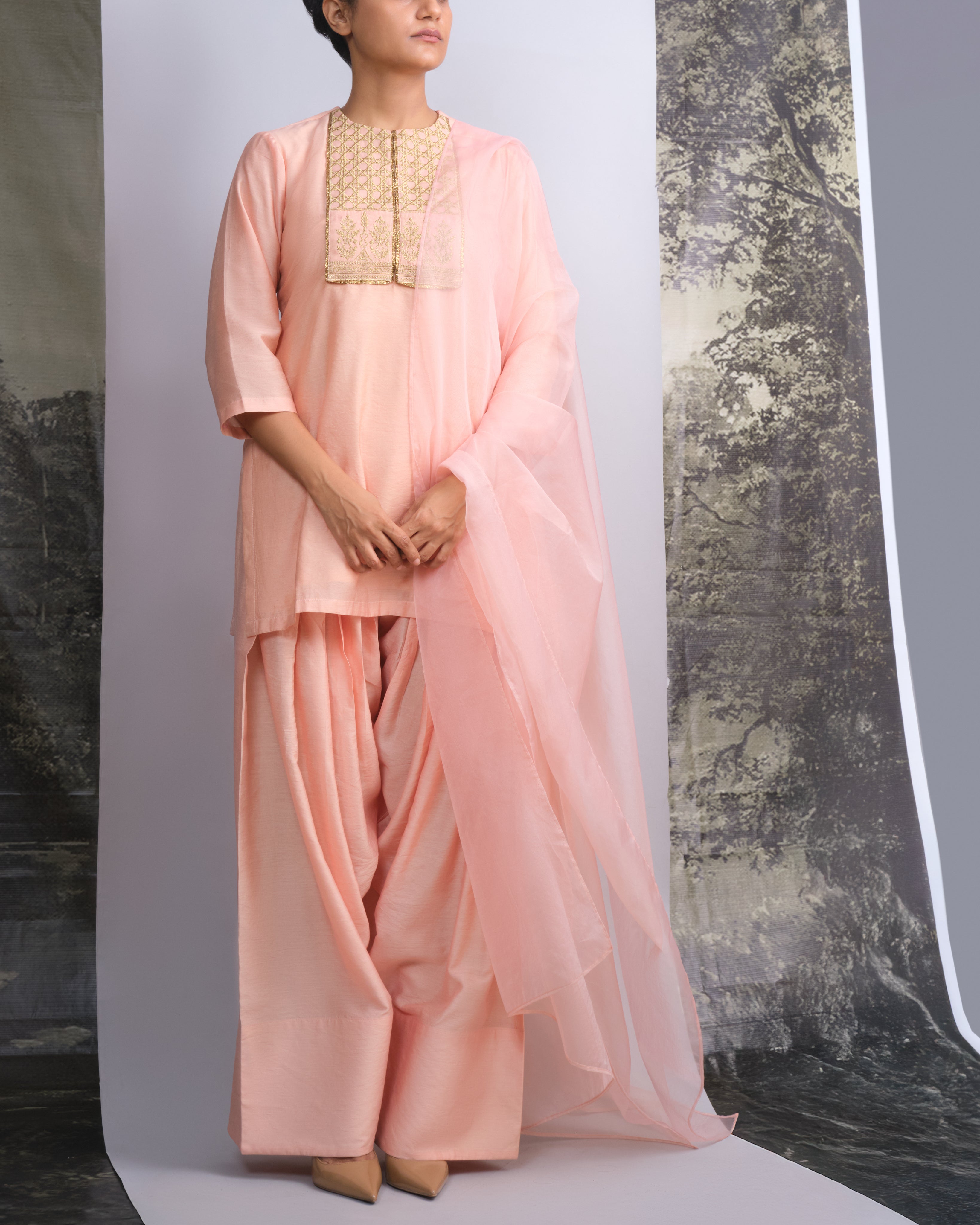 Peach Chanderi Kurti & Farshi Salwar Set-BENNCH