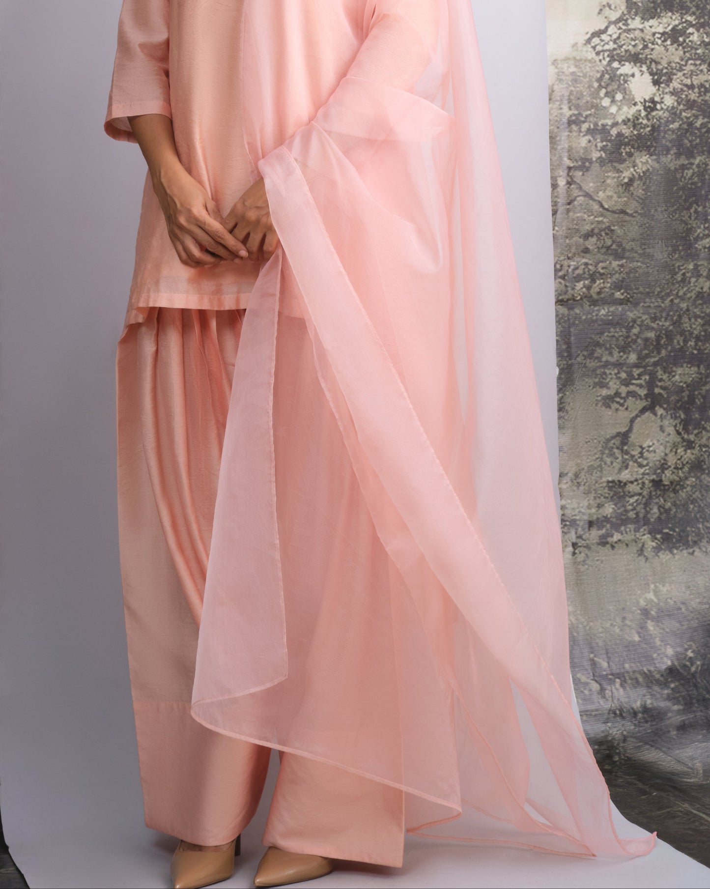 Person wearing a peach traditional outfit with a sheer dupatta against a nature-themed backdrop