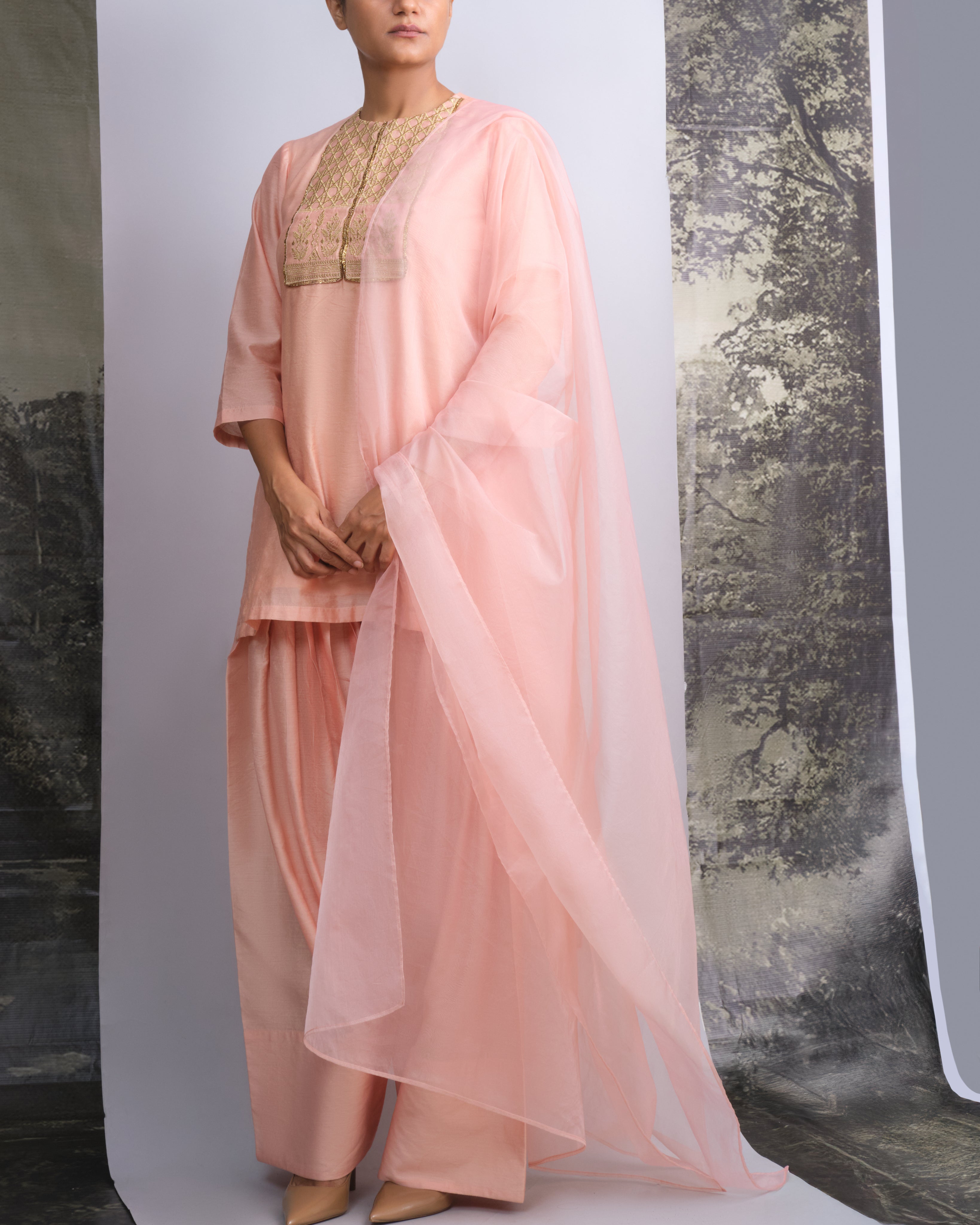 Peach Chanderi Kurti & Farshi Salwar Set-BENNCH