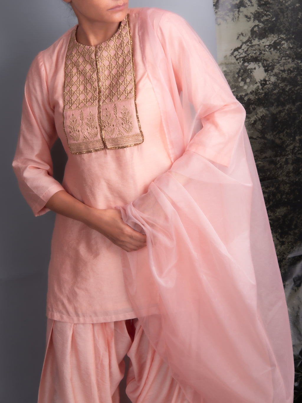 Peach Chanderi Kurti & Farshi Salwar Set-BENNCH