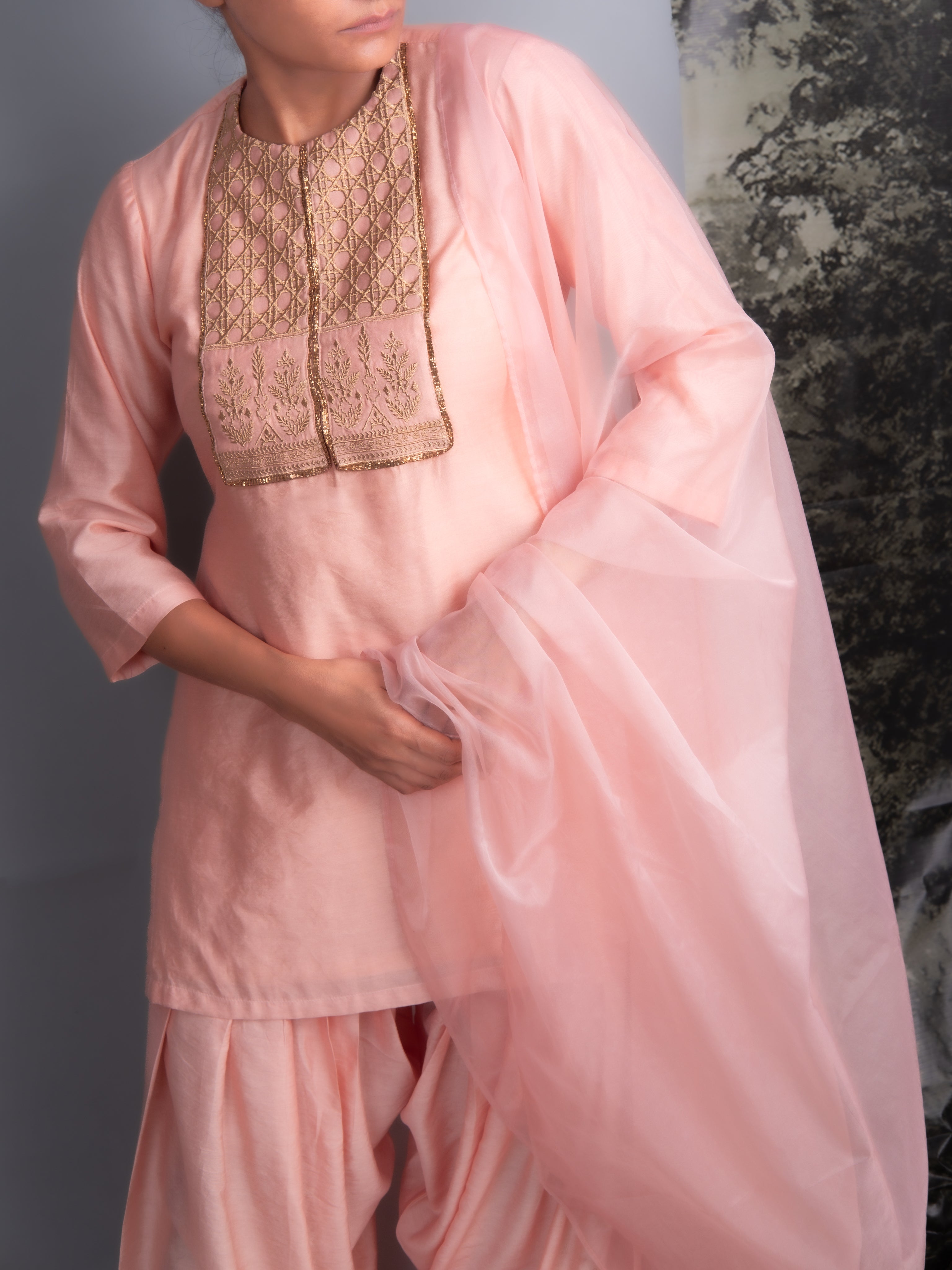 Peach Chanderi Kurti & Farshi Salwar Set-BENNCH