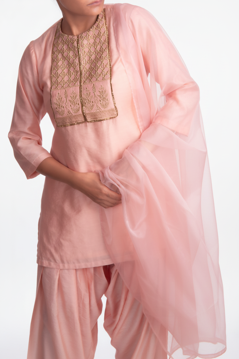 Peach Chanderi Tunic with Gold Lattice Embroidery