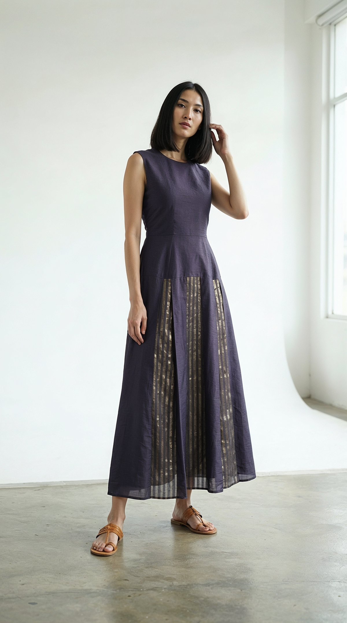 Navy Gold Chanderi Striped Dress