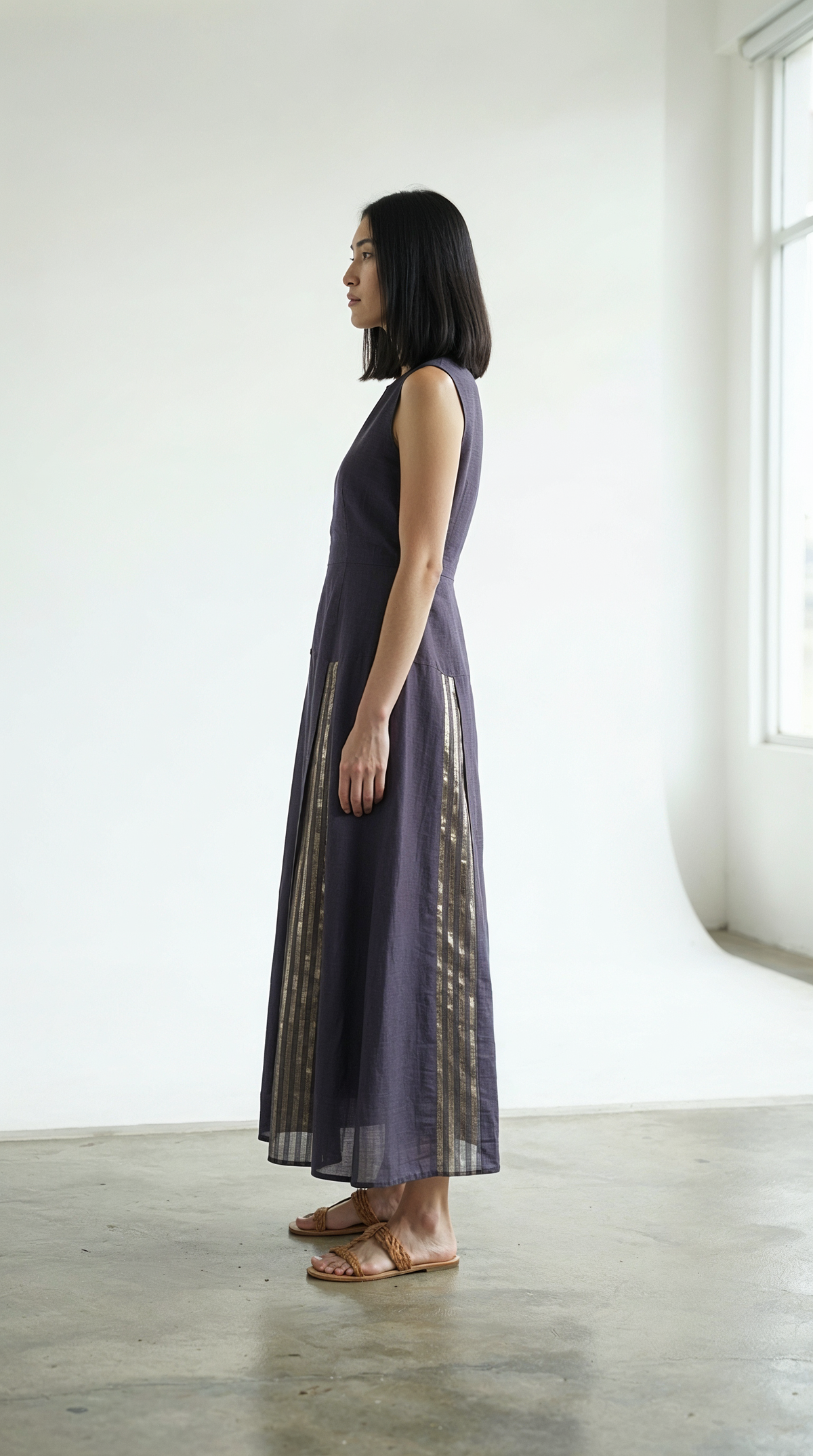 Navy Gold Chanderi Striped Dress