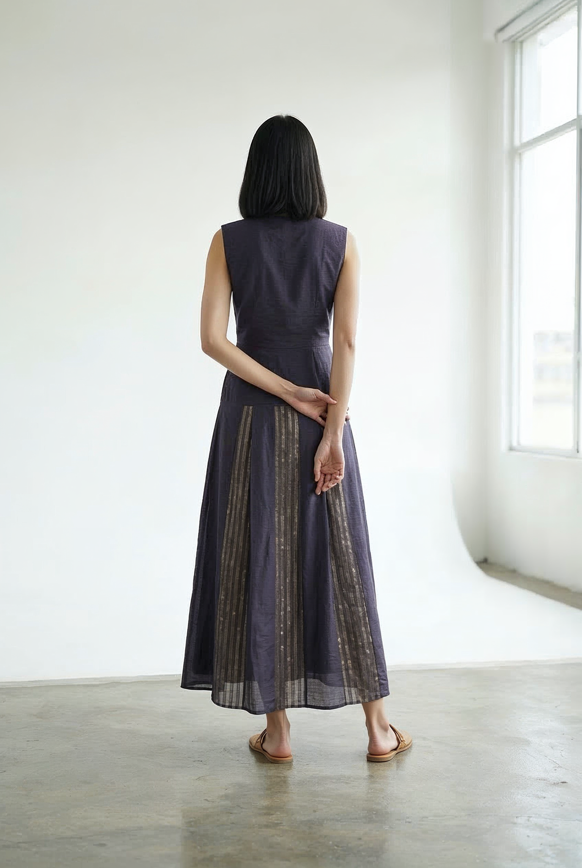 Navy Gold Chanderi Striped Dress