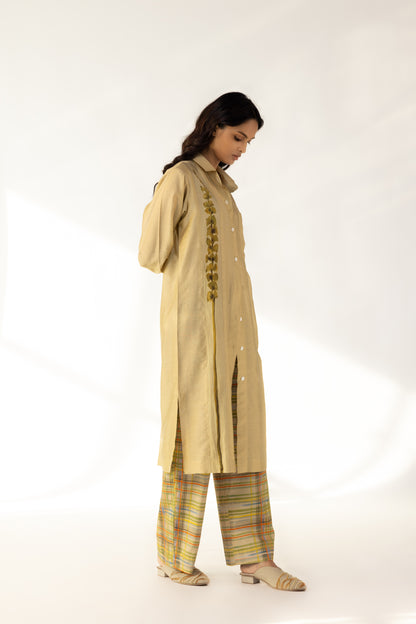 Olive Silk Shirt check cotton pants set