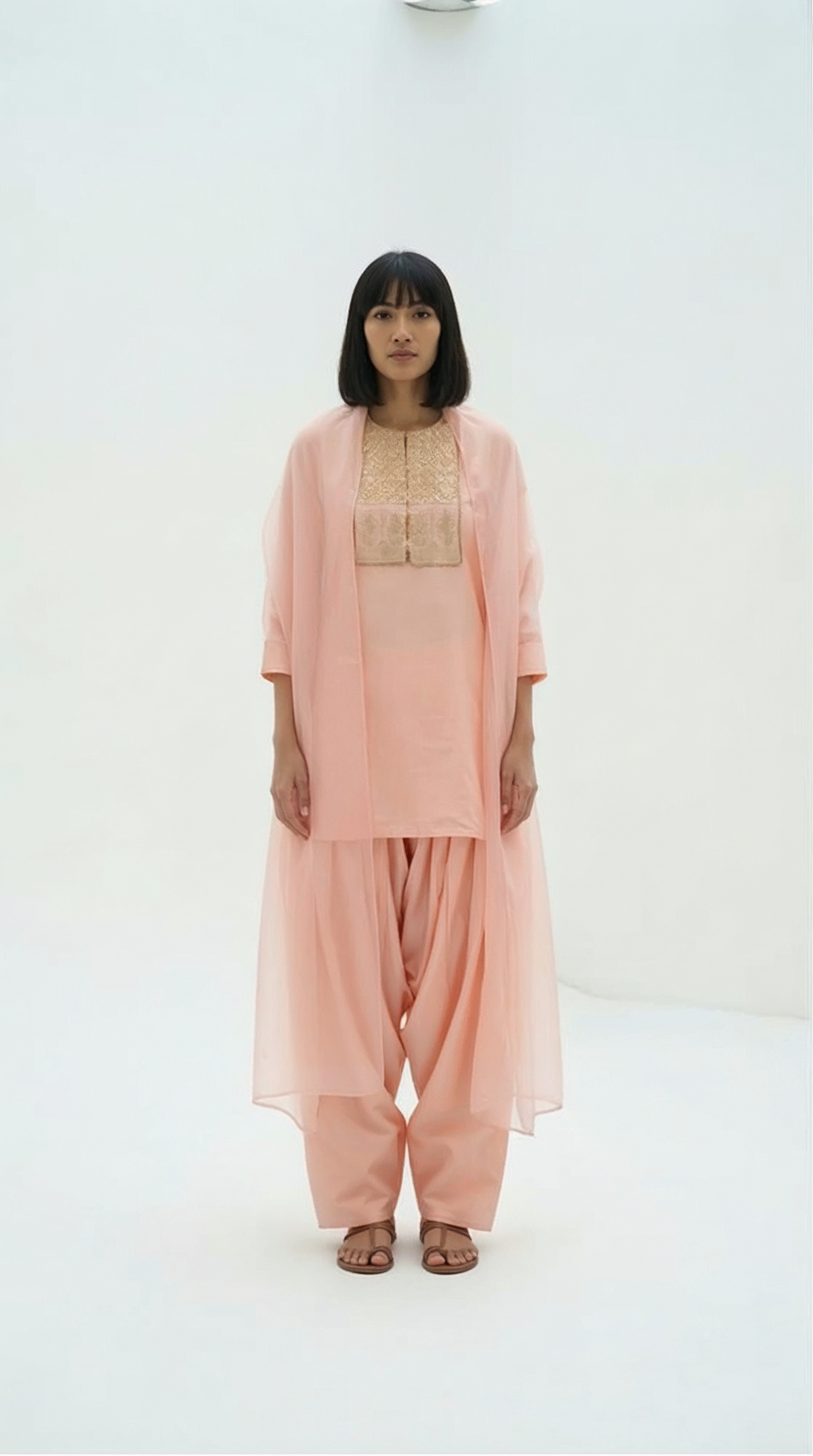 Peach Chanderi Tunic with Gold Lattice Embroidery